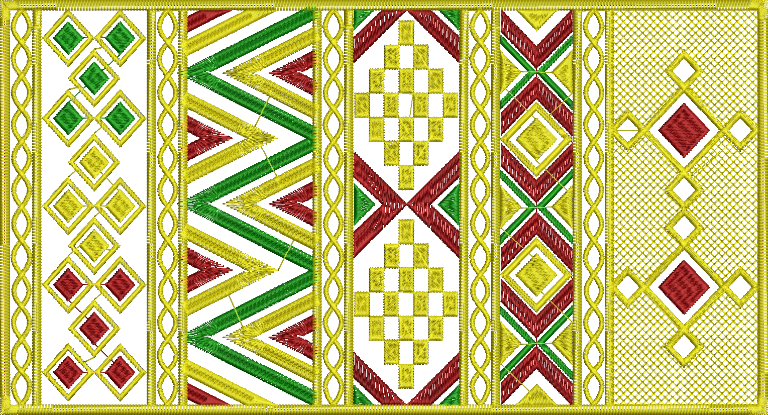 Embroidery design: A decorative embroidery design featuring multiple vertical panels with geometric patterns including diamonds, chevrons, 
