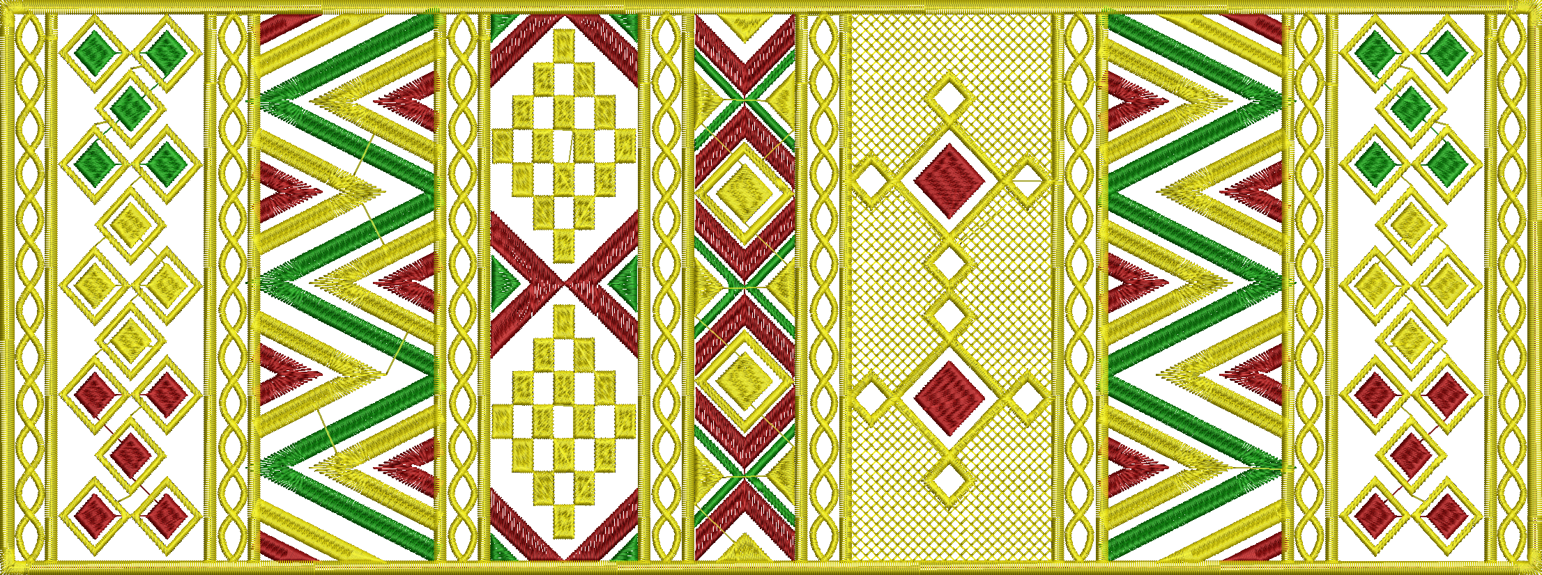 Embroidery design: A decorative border embroidery design with repeating geometric patterns in red, green, and yellow, featuring diamond and