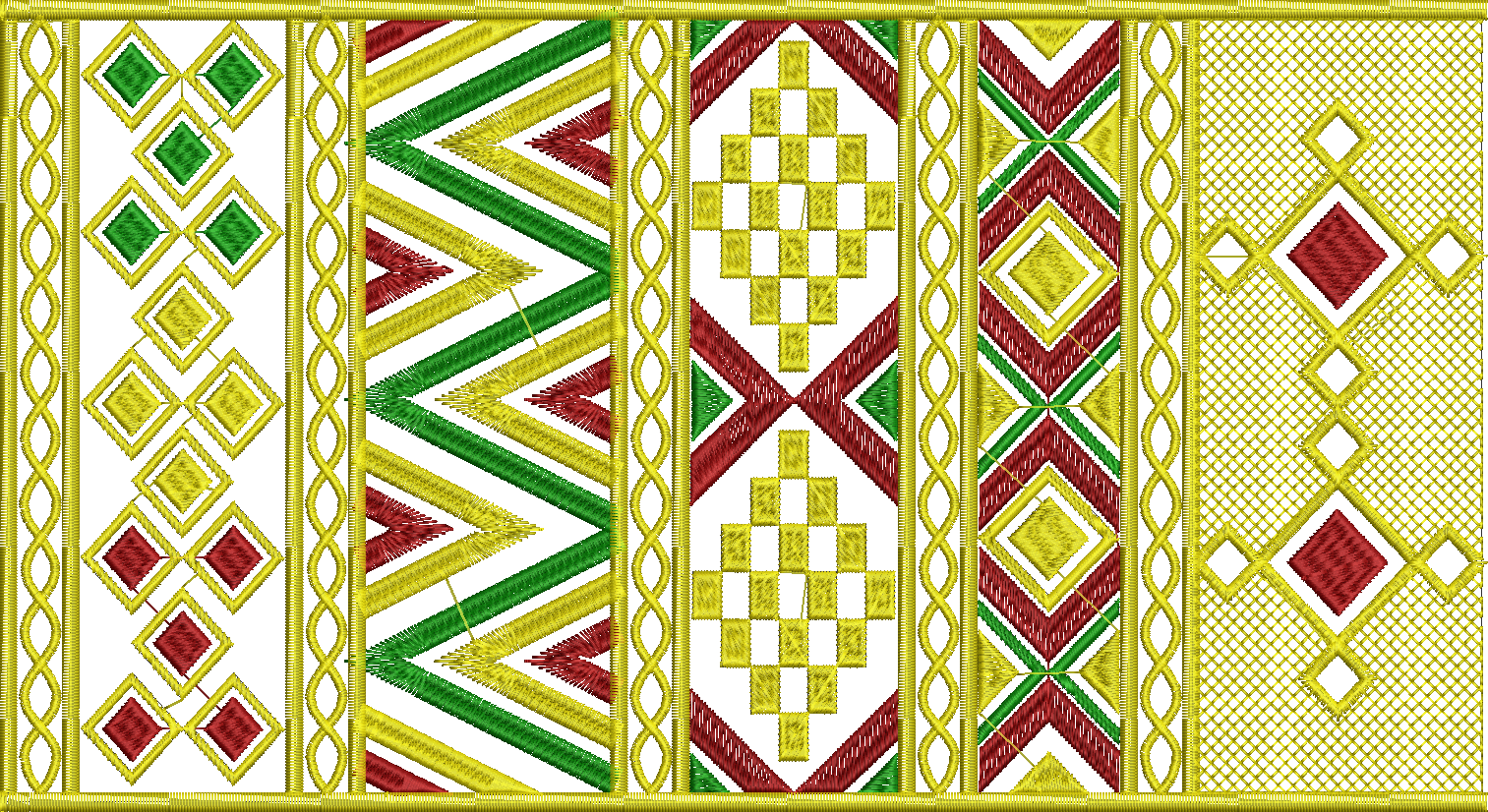 A collection of vertical embroidery panels featuring red, green, and yellow geometric patterns including diamonds, chevrons, and checkered designs, framed by decorative yellow scrollwork.