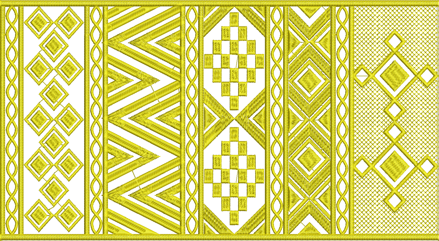 Embroidery design: A repeating golden embroidery border design featuring geometric patterns such as diamonds, chevrons, waves, and lattice 
