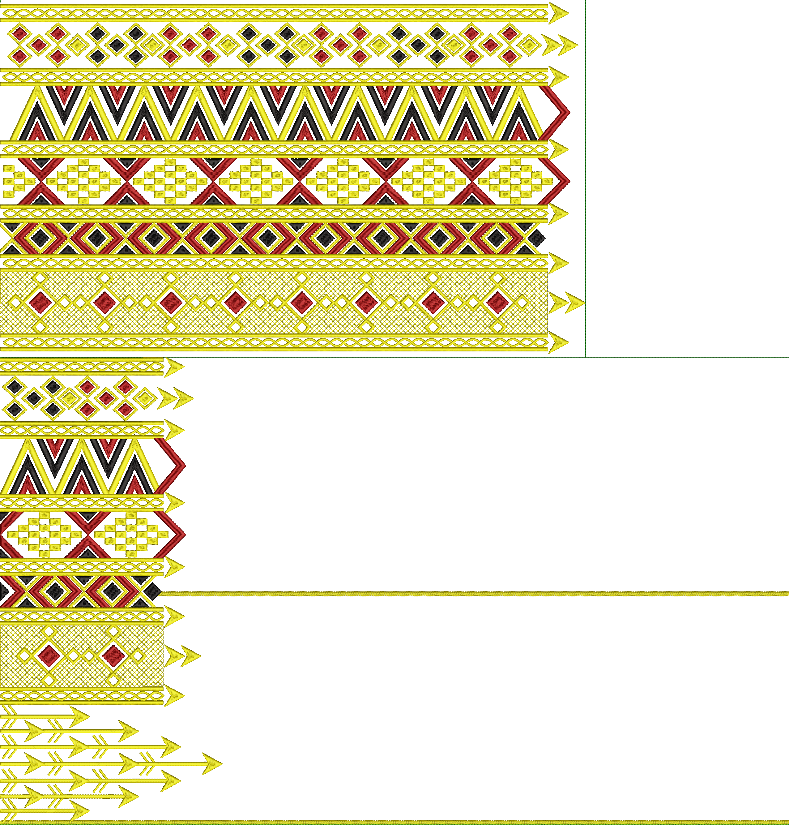 Embroidery design: A set of embroidery designs featuring horizontal and vertical borders with repeating geometric patterns in yellow, red, 