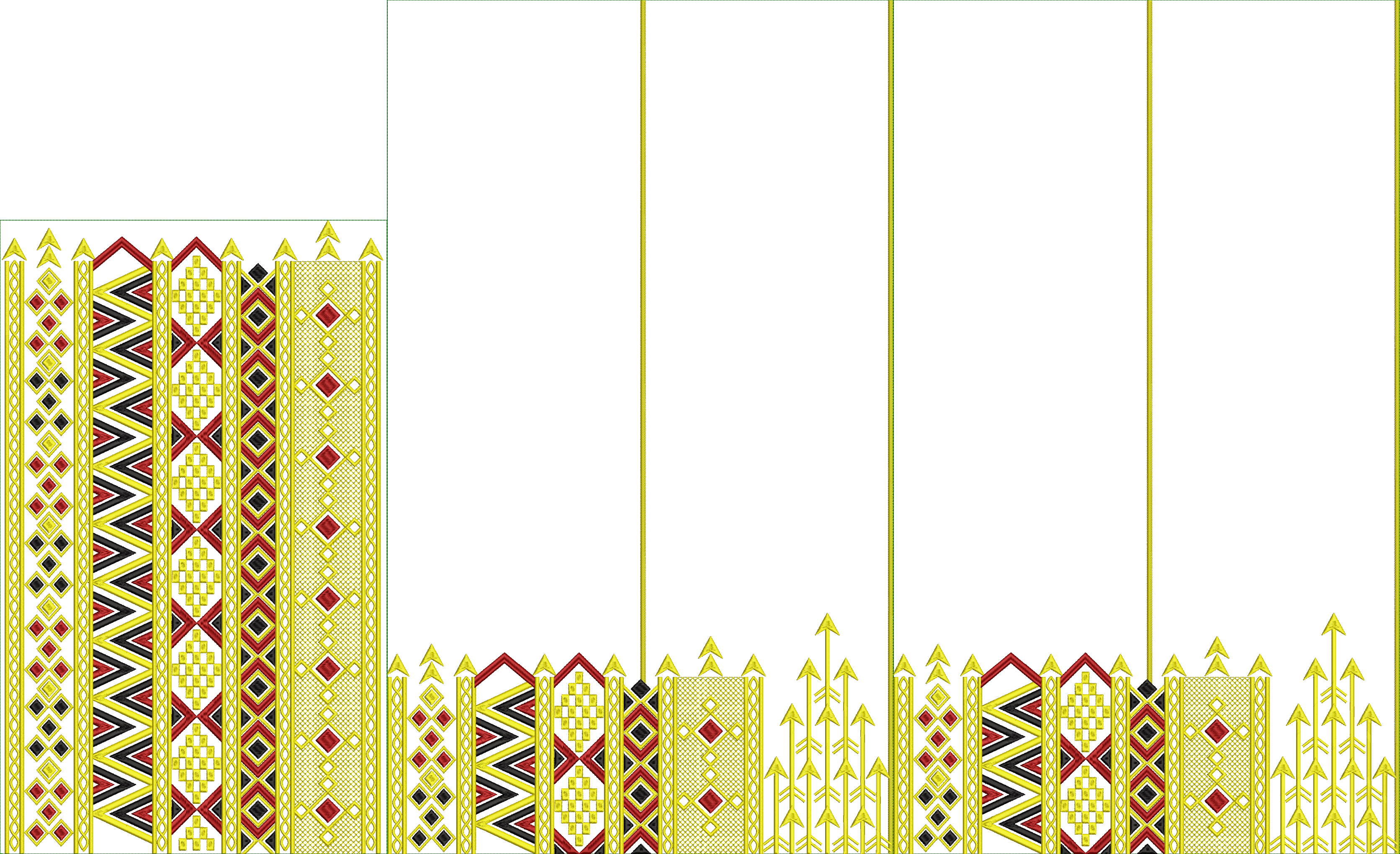 Embroidery design: A decorative embroidery border design with repeating geometric patterns including chevrons and diamonds in red, black, a