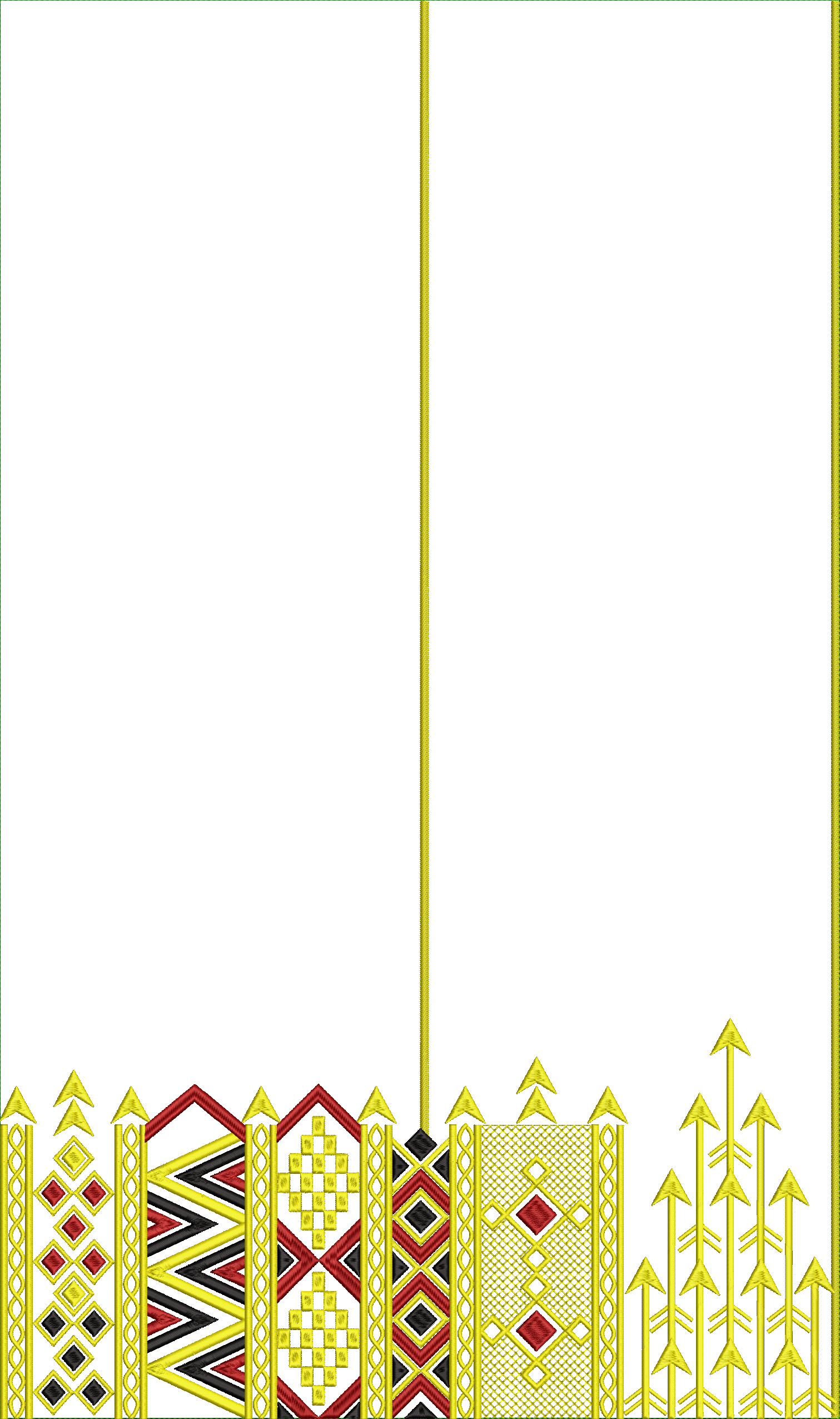 Embroidery design: A decorative embroidery border with repeating geometric patterns in black, red, and yellow, including diamond and chevro