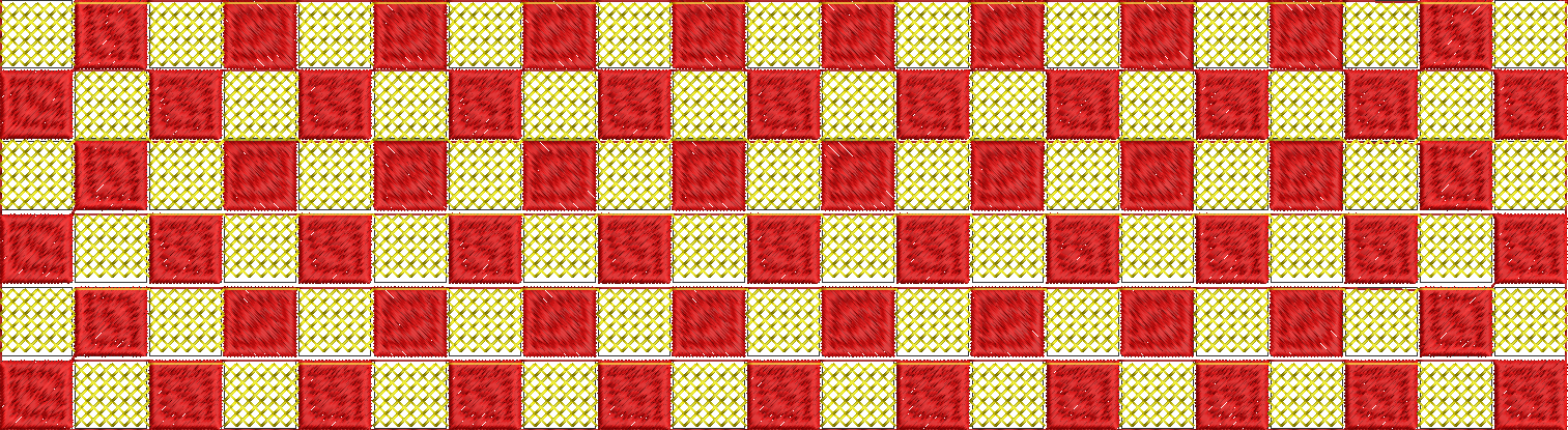 Embroidery design: A checkered pattern embroidery design with red and yellow squares, featuring a lattice-like texture within each square.