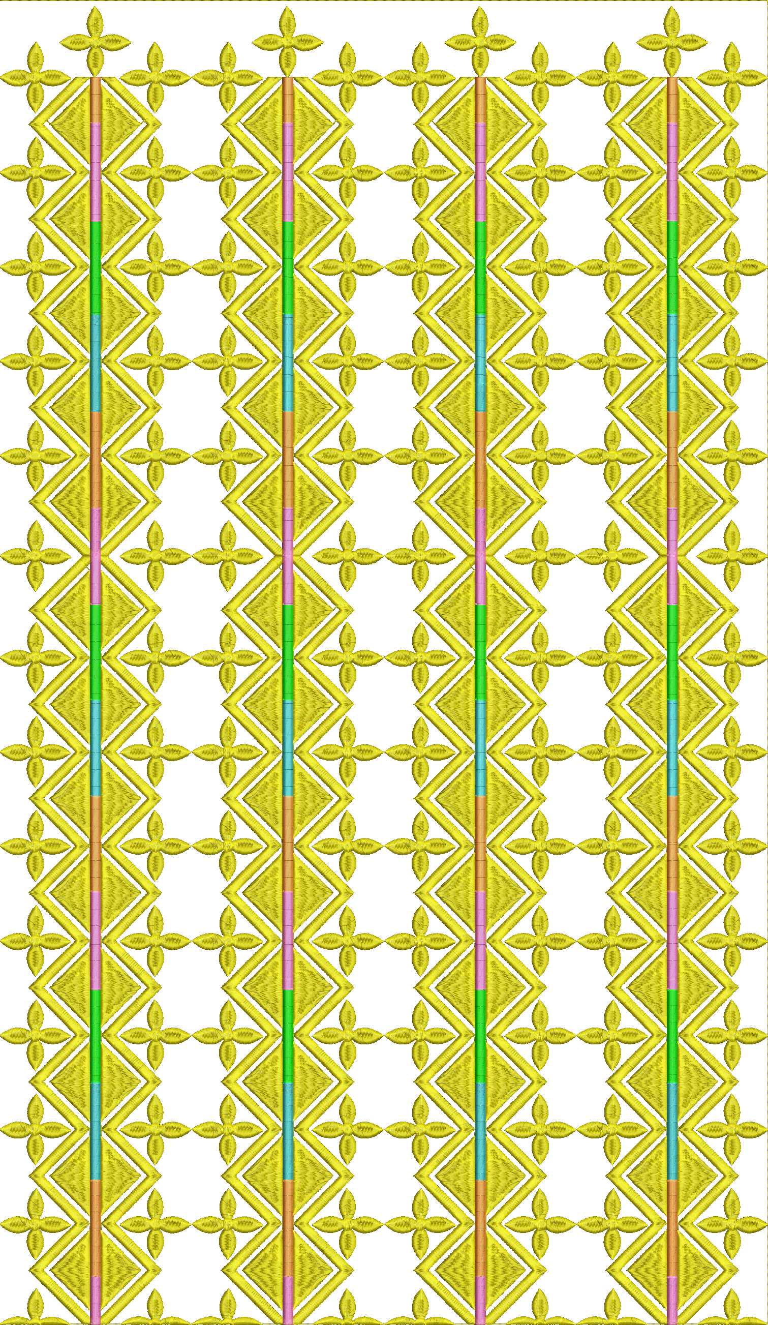 Embroidery design: A repeating, symmetrical embroidery design featuring geometric diamond shapes and vertical stripes in yellow, pink, gree