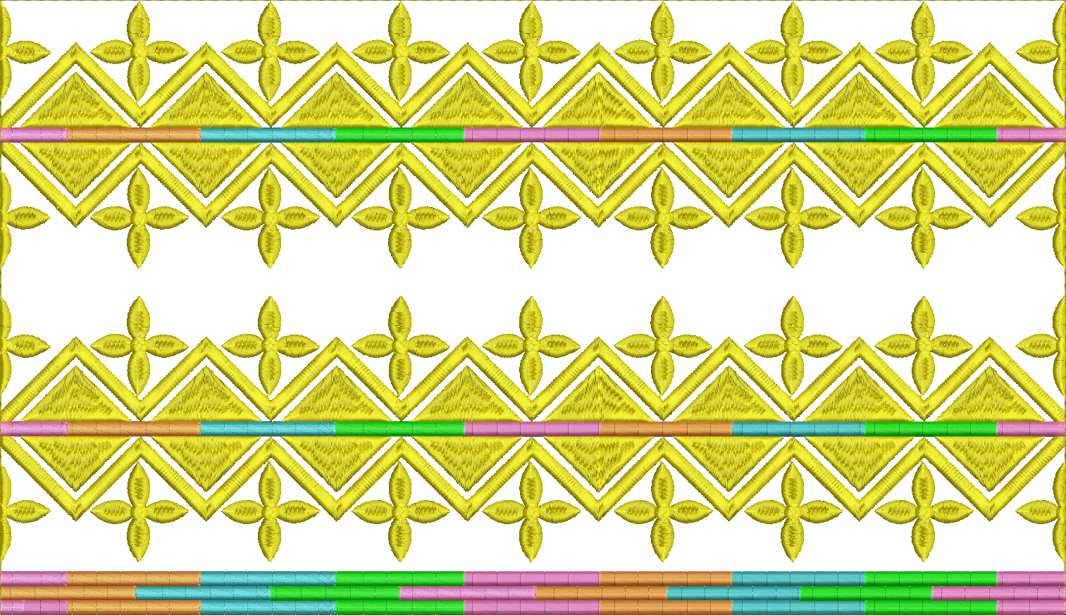 Embroidery design: A repeating ornamental border embroidery design featuring yellow geometric elements, including diamonds and chevrons, wi