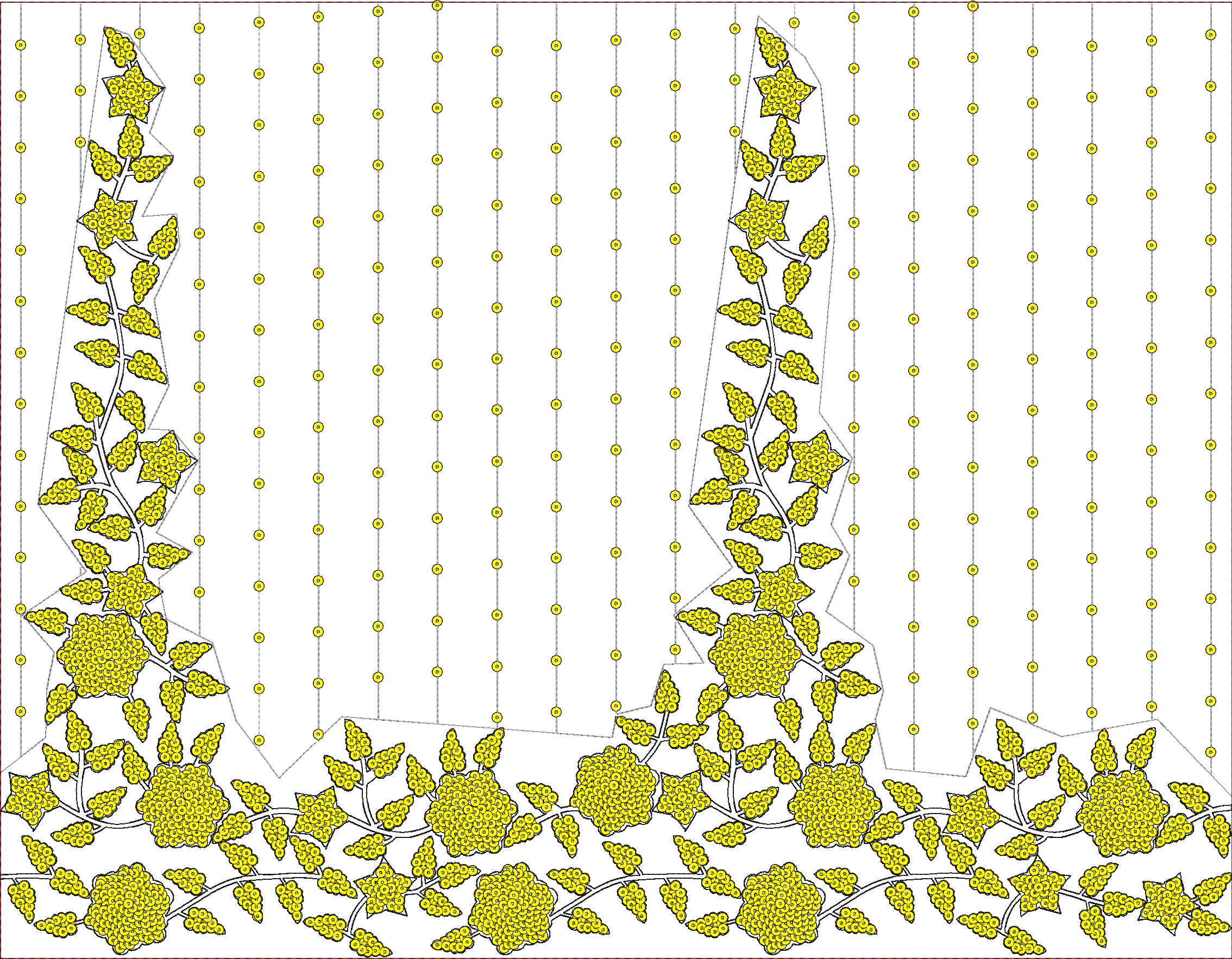Embroidery design: A decorative yellow floral and vine border design with small yellow circular motifs and green foliage against a white ba