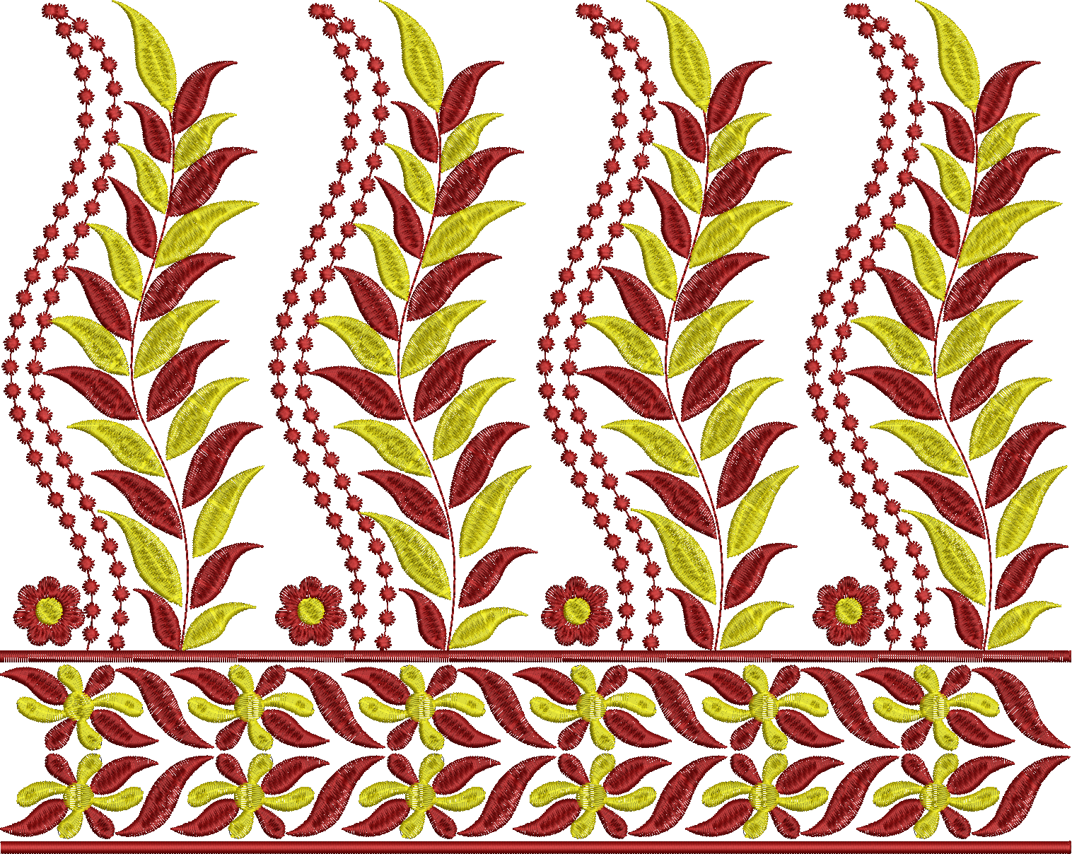 Embroidery design: A traditional ornamental embroidery border design featuring repeating floral and leaf motifs in red and yellow. It inclu