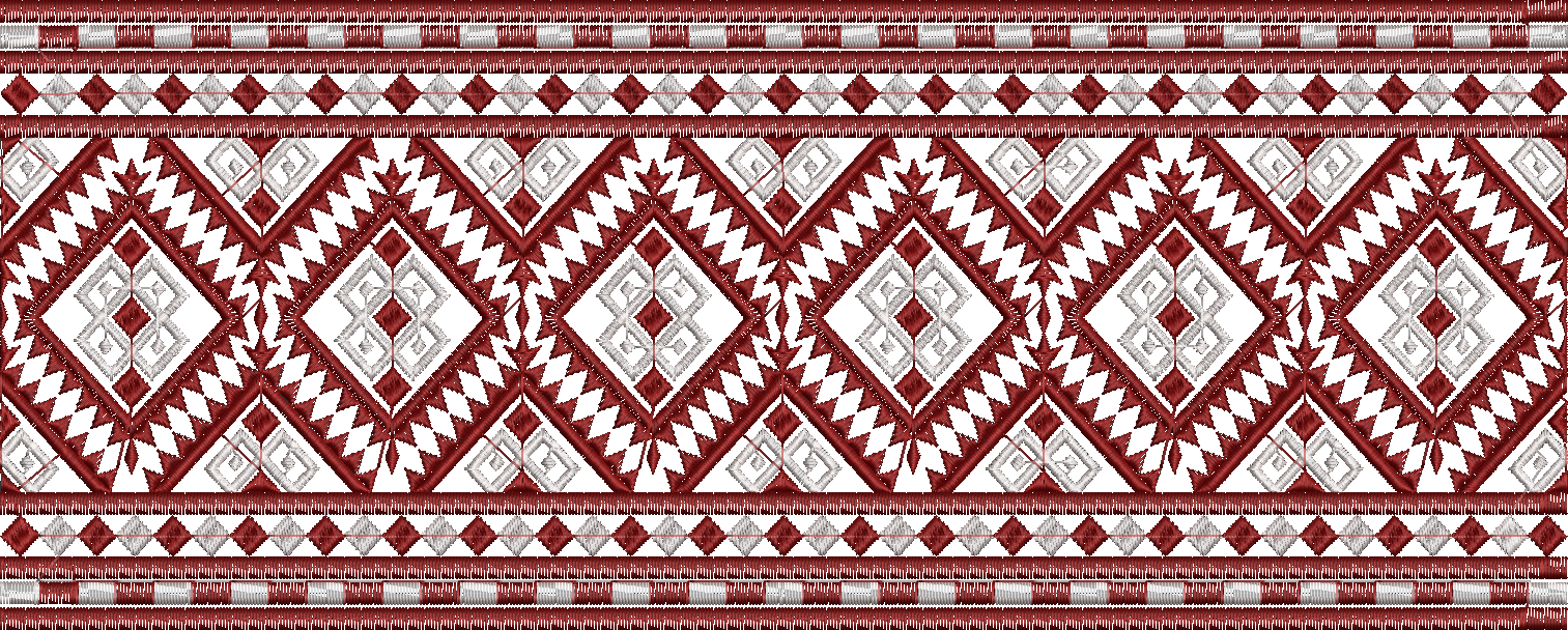 Embroidery design: A symmetrical and repeating border embroidery design featuring geometric patterns, including interlocking diamonds, chev