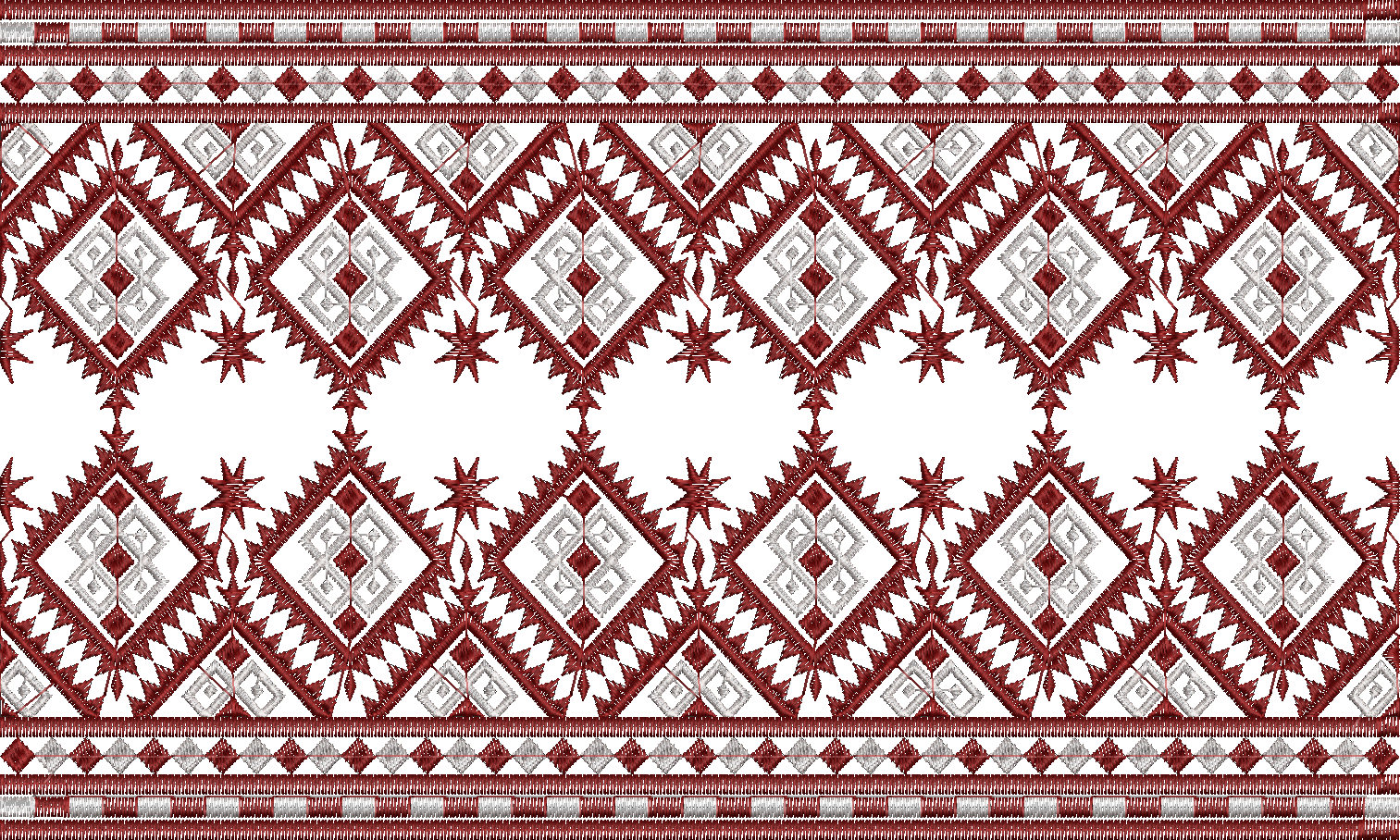 Embroidery design: A repeating geometric border embroidery design in red and silver, featuring symmetrical diamond patterns and abstract st