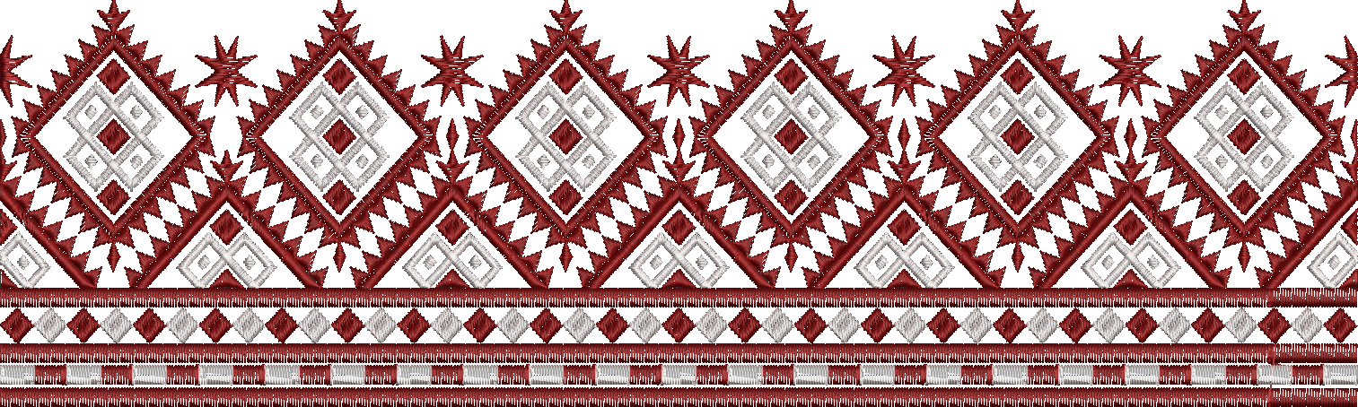 Embroidery design: A repeating geometric border embroidery design in maroon and silver, featuring diamond and chevron motifs with a traditi