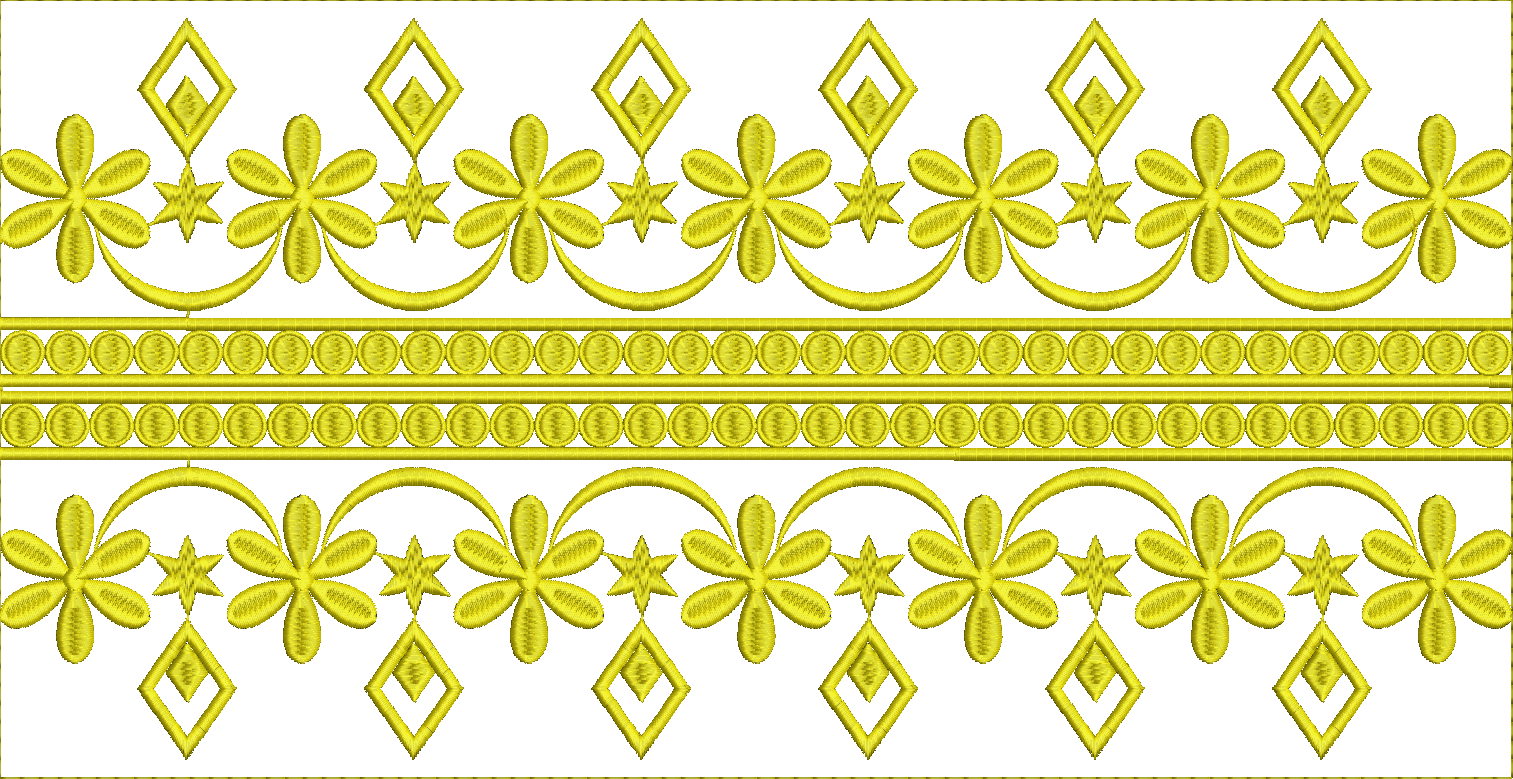 Embroidery design: A yellow embroidery border design featuring repeating floral and geometric motifs with a symmetrical and ornamental styl