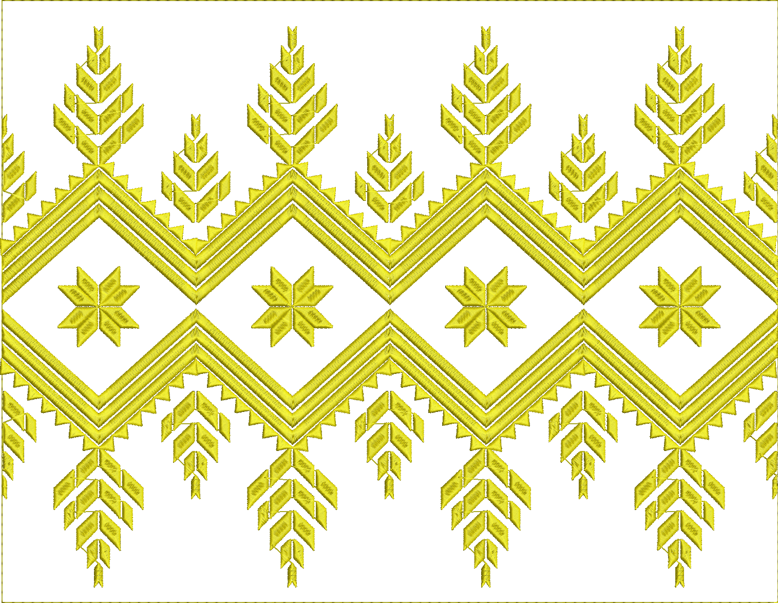 Embroidery design: A decorative yellow embroidery border with a repeating geometric pattern featuring diamonds and chevrons, in a tradition