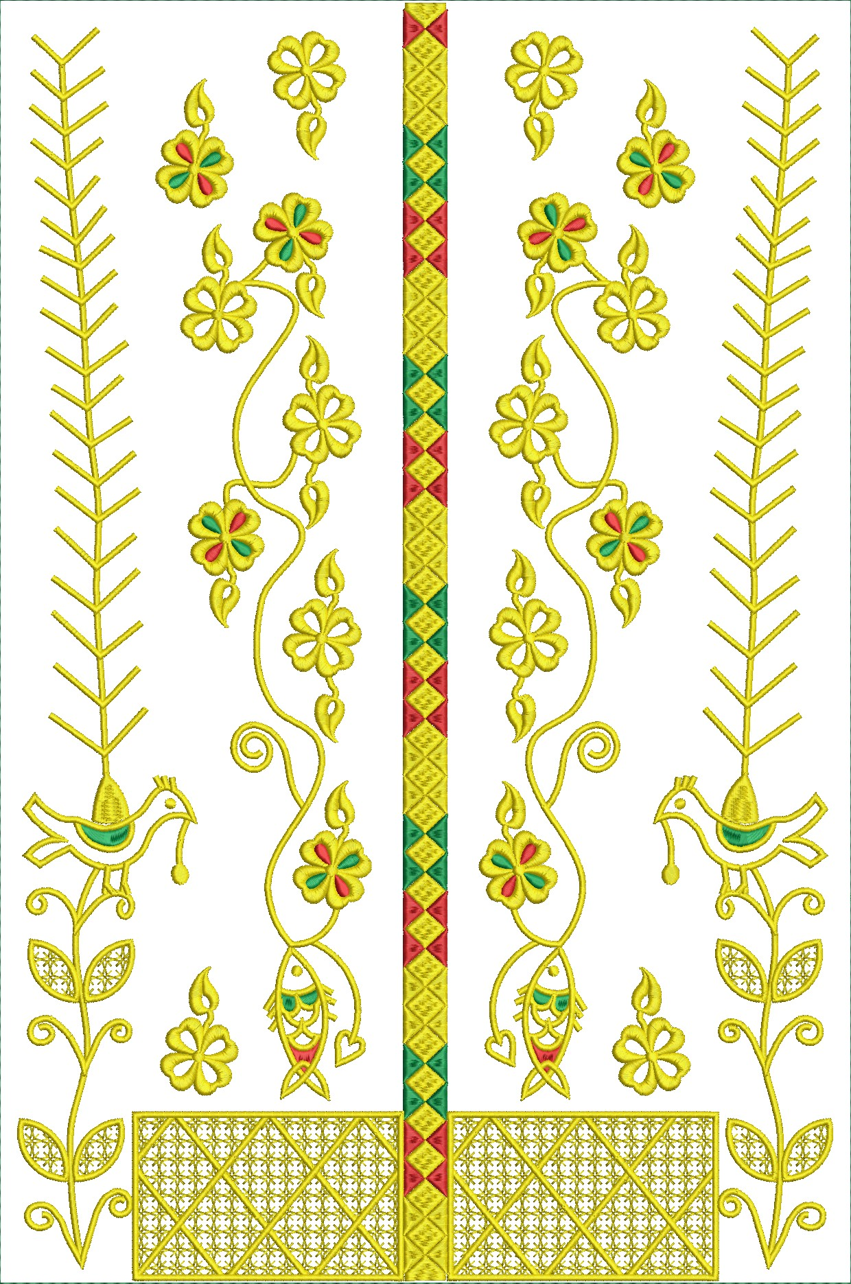 Embroidery design: A symmetrical embroidery design featuring a central vertical band with a diamond pattern, flanked by swirling vines with