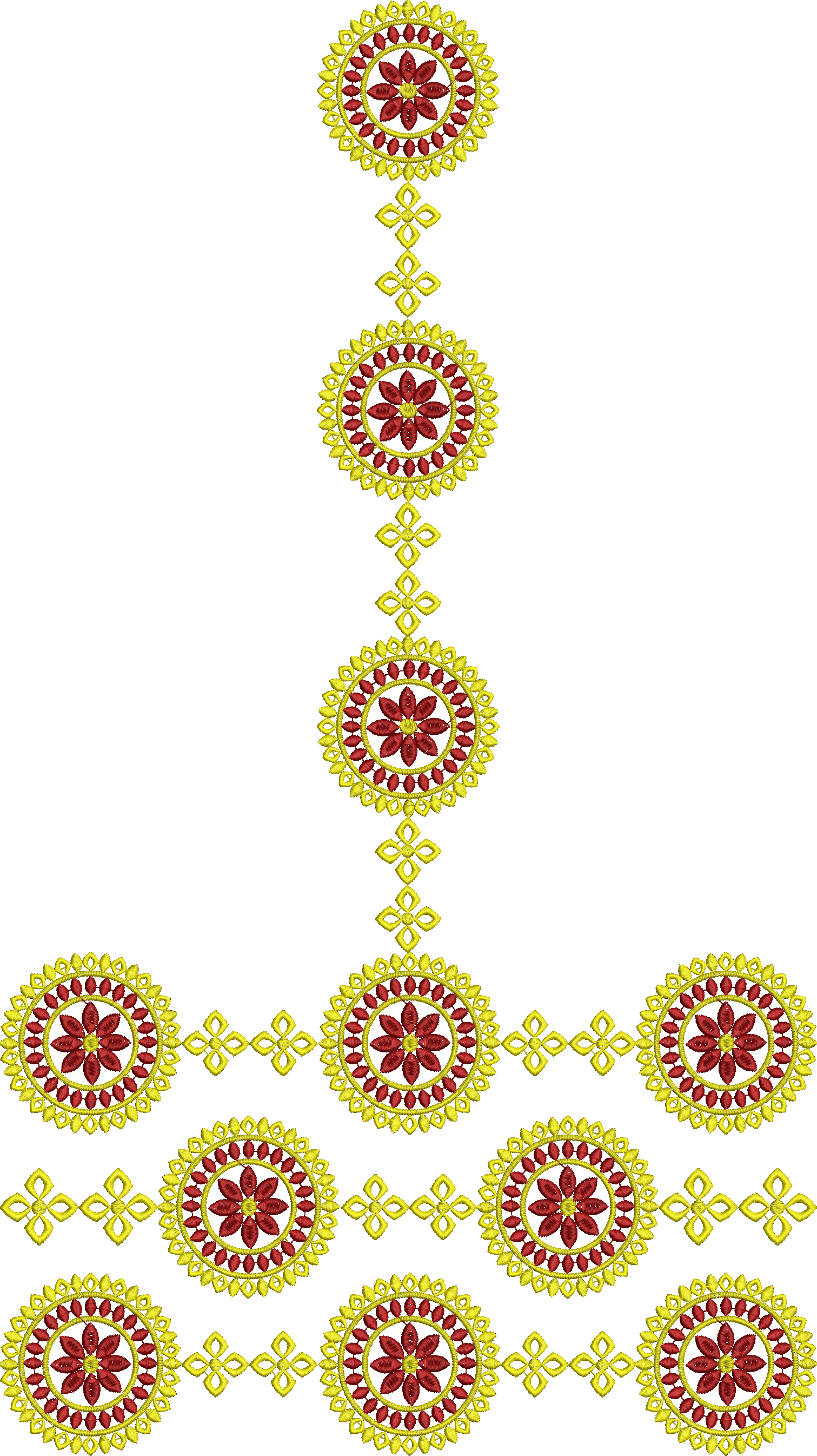Embroidery design: A decorative embroidery design with repeating red and yellow circular floral motifs connected by geometric shapes, formi