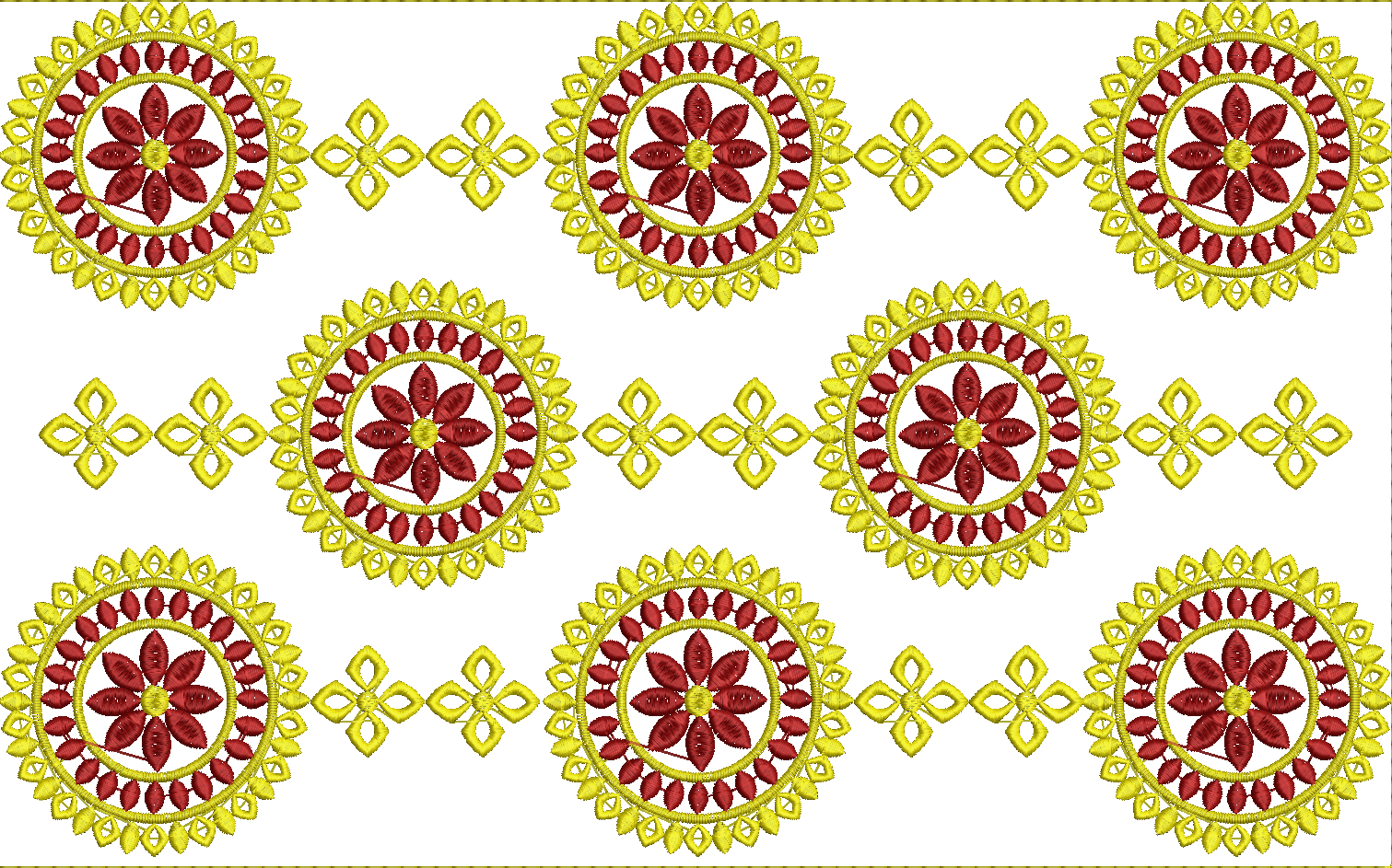 Embroidery design: A repeating embroidery pattern featuring red and yellow circular floral medallions connected by geometric diamond shapes