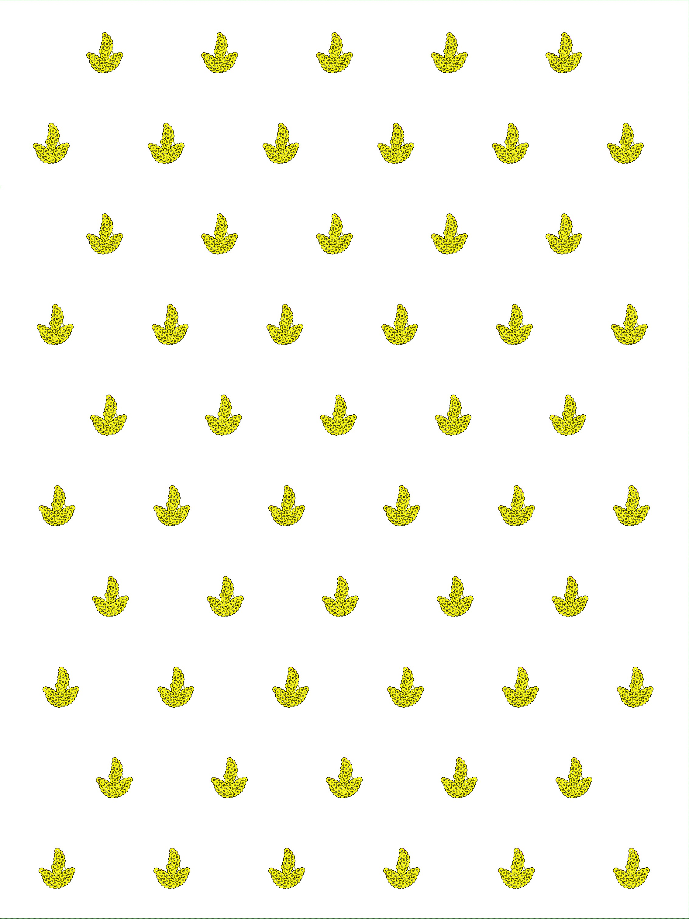 Embroidery design: A seamless pattern of yellow dinosaur footprints with black outlines on a white background.