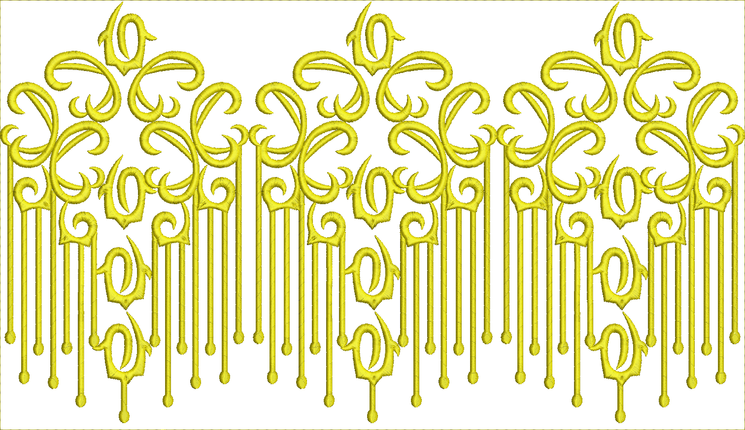 Embroidery design: A repeating, symmetrical yellow border design with ornate scrollwork and dangling elements.