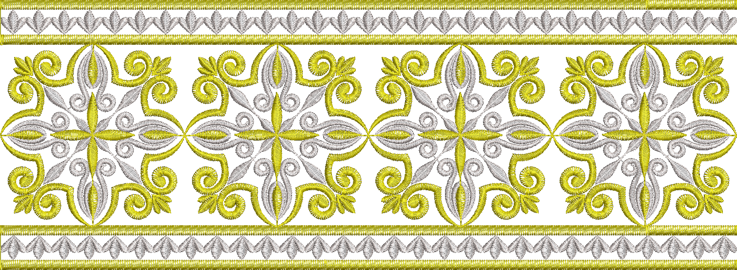 Embroidery design: A decorative embroidery border with repeating symmetrical yellow and silver patterns, featuring medallion-like motifs wi