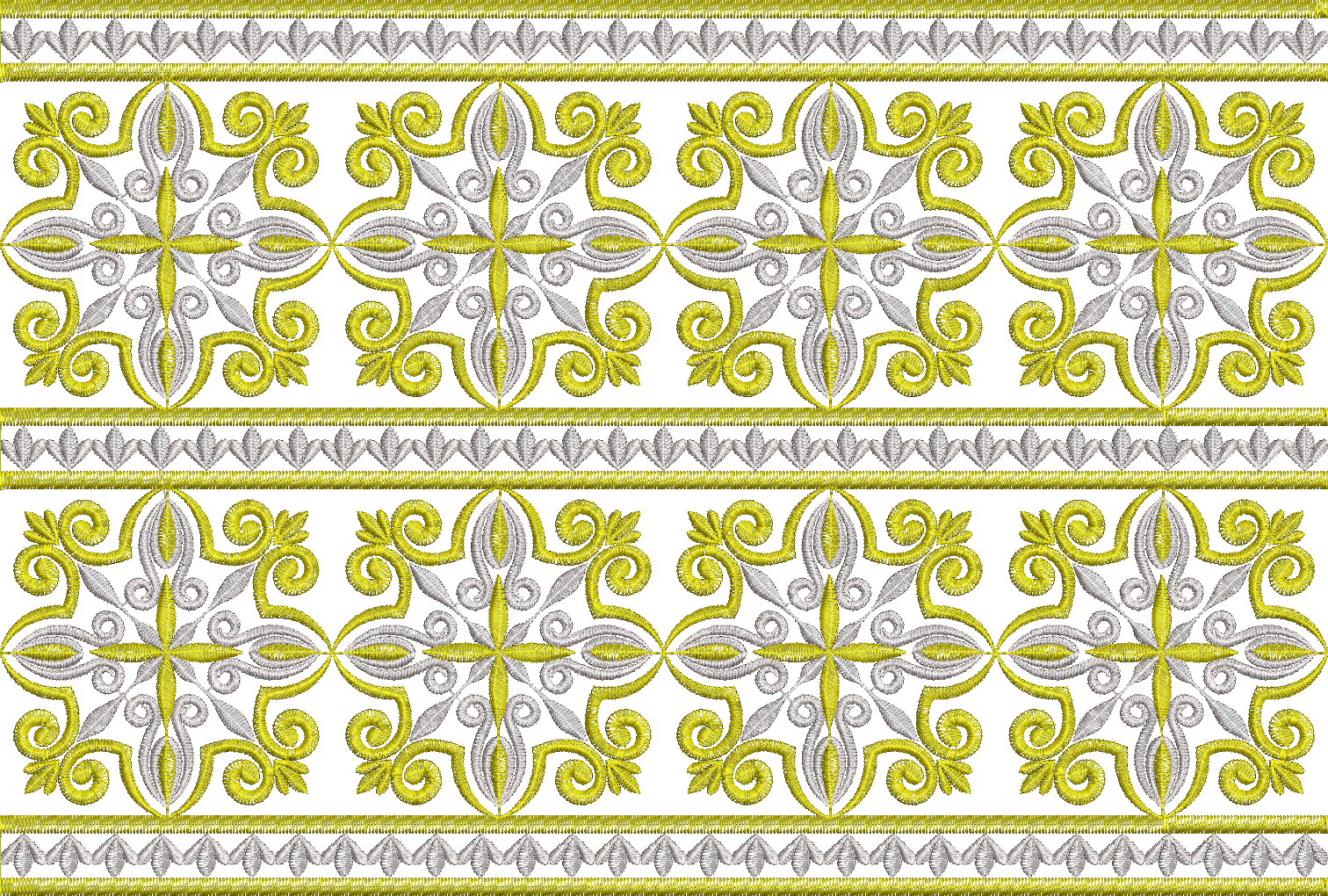 Embroidery design: A decorative embroidery border design with repeating yellow and silver geometric and scrollwork motifs in a symmetrical 