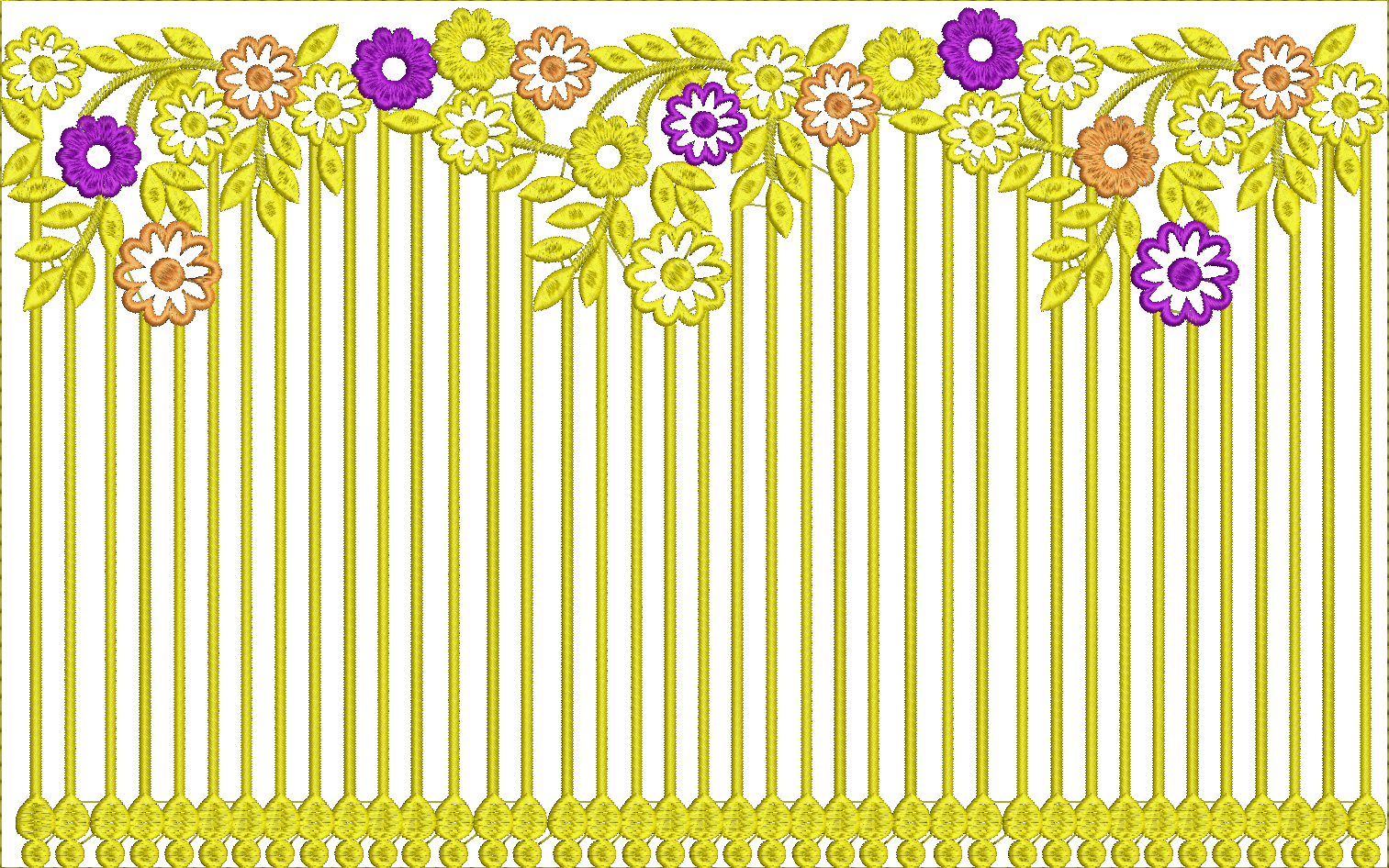 Embroidery design: A decorative border embroidery design featuring a top row of yellow, purple, and orange flowers with green leaves, set a