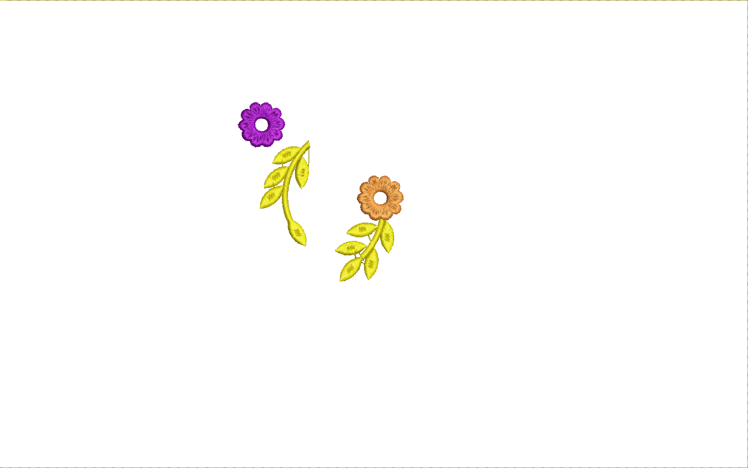 Embroidery design: A decorative embroidery design featuring two small floral motifs with leaves and vines in purple, orange, and yellow, pl