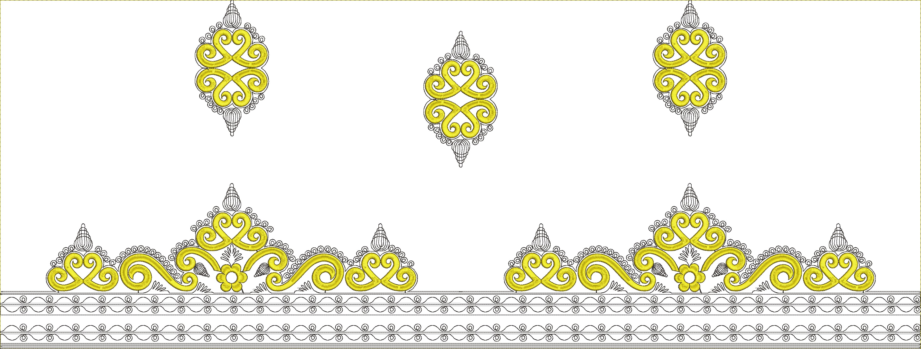 Embroidery design: A decorative embroidery border with symmetrical yellow and black ornamental geometric patterns. The design features scro