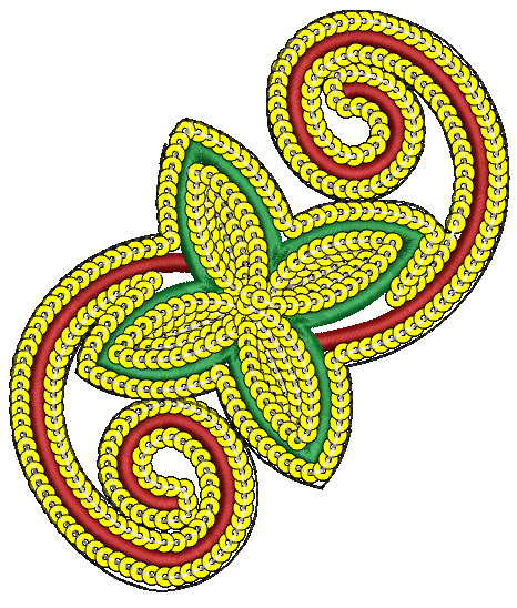 Embroidery design: A decorative embroidery design featuring a yellow floral motif with green leaves, surrounded by red scrollwork, with a s