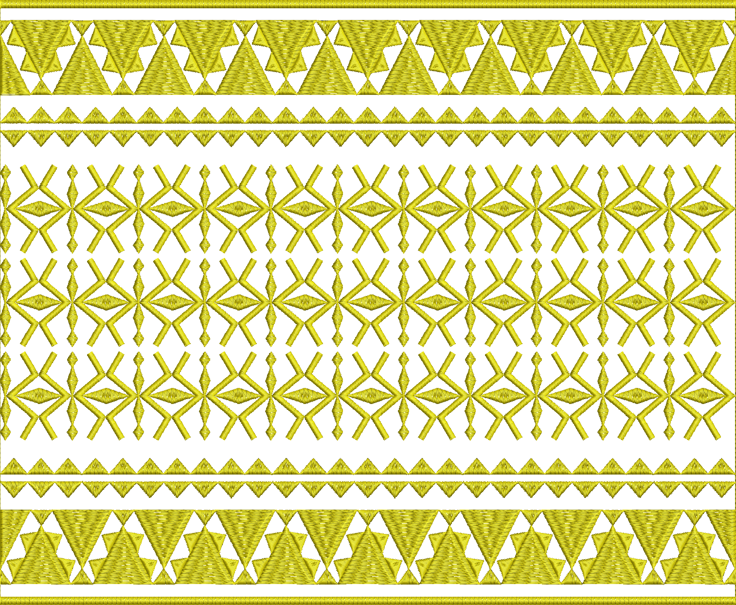 Embroidery design: A decorative yellow embroidery border with repeating geometric patterns, including diamonds and triangles, in a traditio