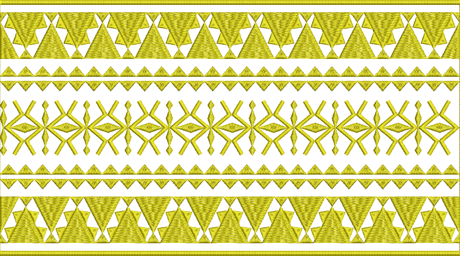 Embroidery design: A yellow embroidered decorative border with repeating geometric patterns, including triangles and diamond/cross motifs, 