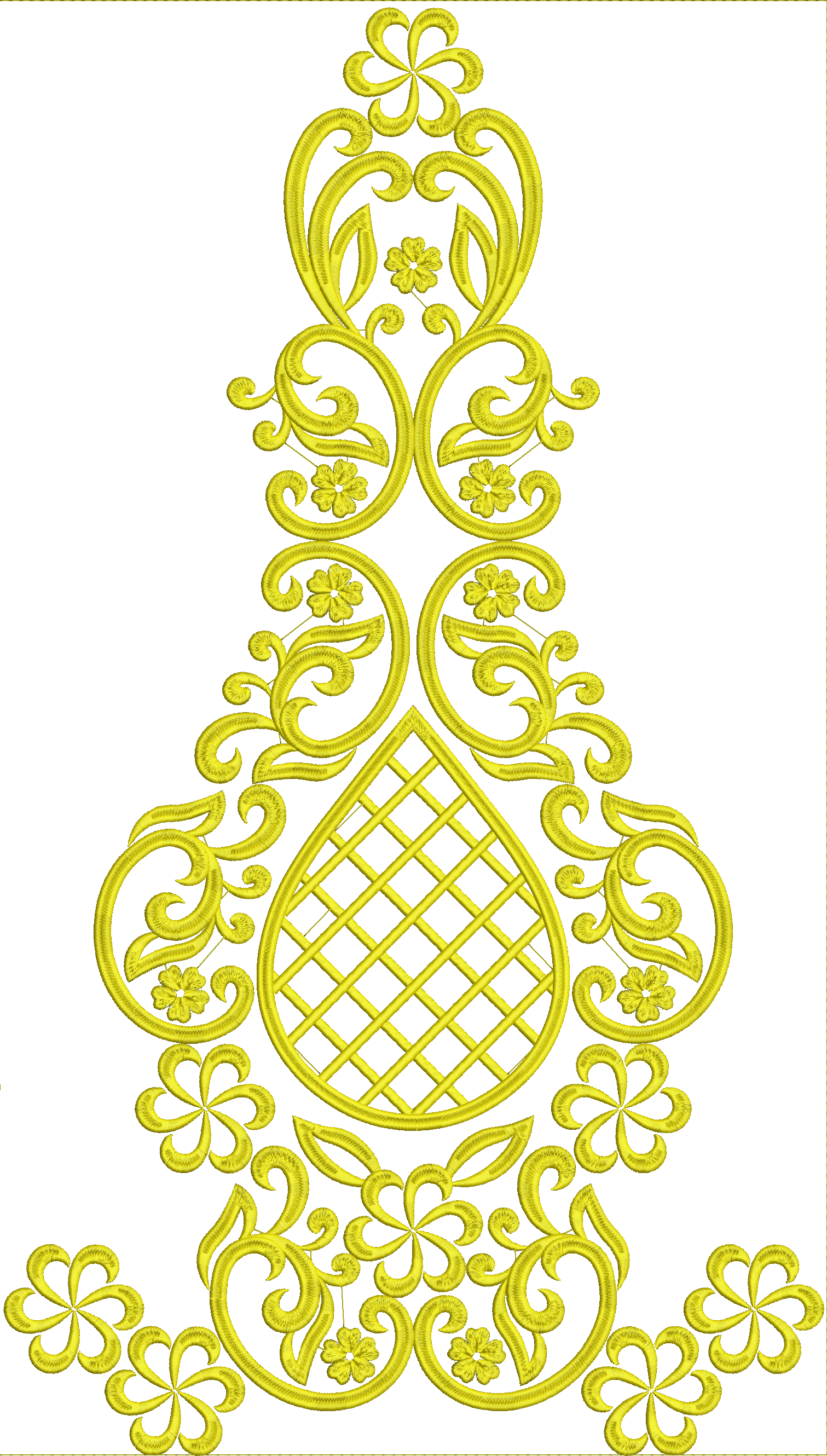 Embroidery design: A decorative ornamental embroidery design featuring yellow scrollwork, vines, leaves, and flowers with a central lattice