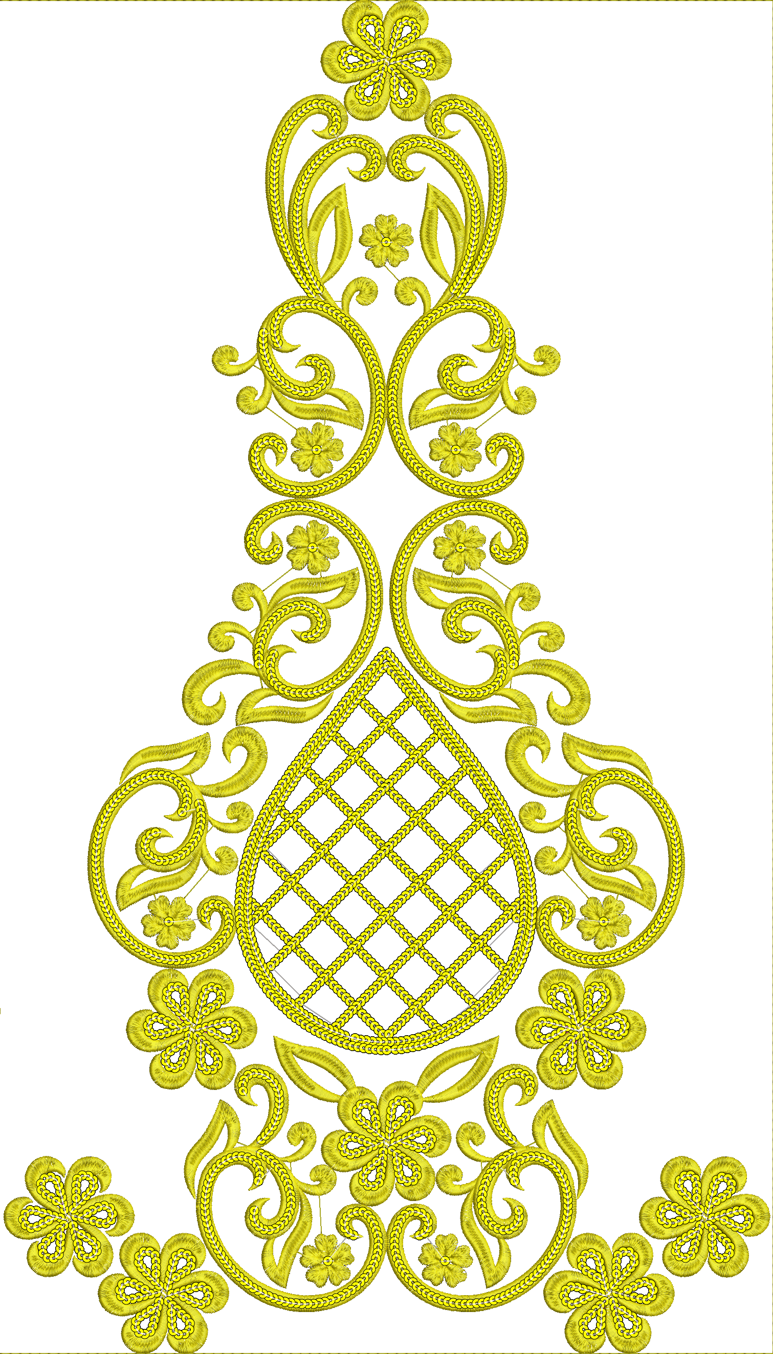 Embroidery design: A decorative yellow embroidery design featuring intricate floral and scrollwork patterns with a central lattice motif, a
