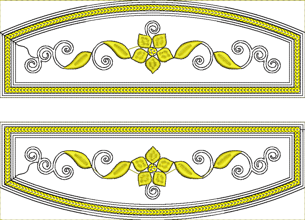 Embroidery design: Two symmetrical ornamental borders, each with a central yellow floral motif and decorative yellow and black chain-like p