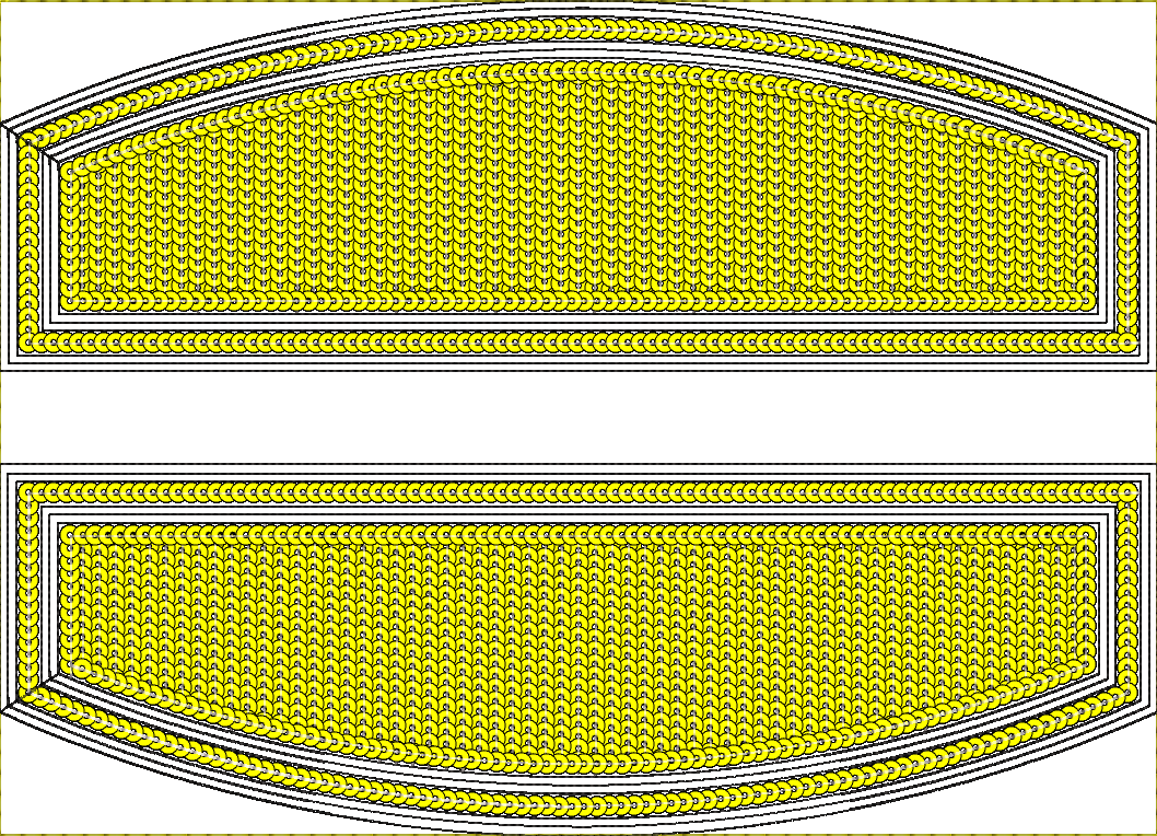 Embroidery design: Two framed embroidery designs filled with repeating yellow circular motifs and outlined in black. The top design is a cu