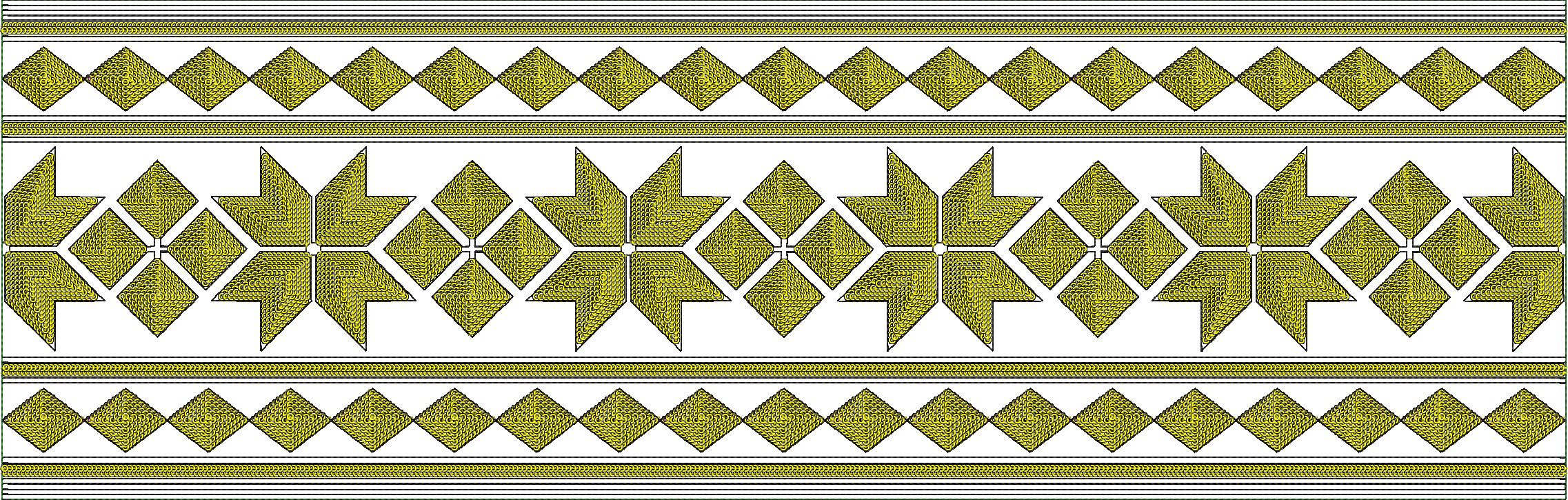 Embroidery design: A yellow and white ornamental embroidery border with repeating geometric diamond patterns.