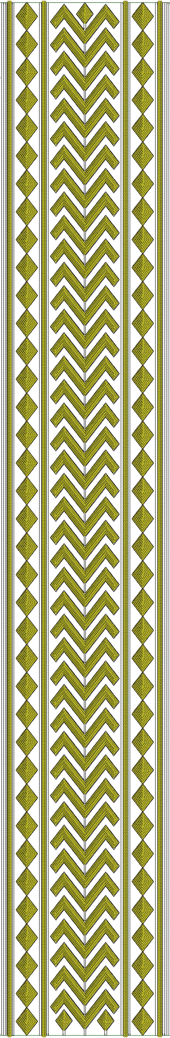 Embroidery design: A vertical embroidery border design with repeating yellow chevron and diamond motifs framed by green stripes. The design