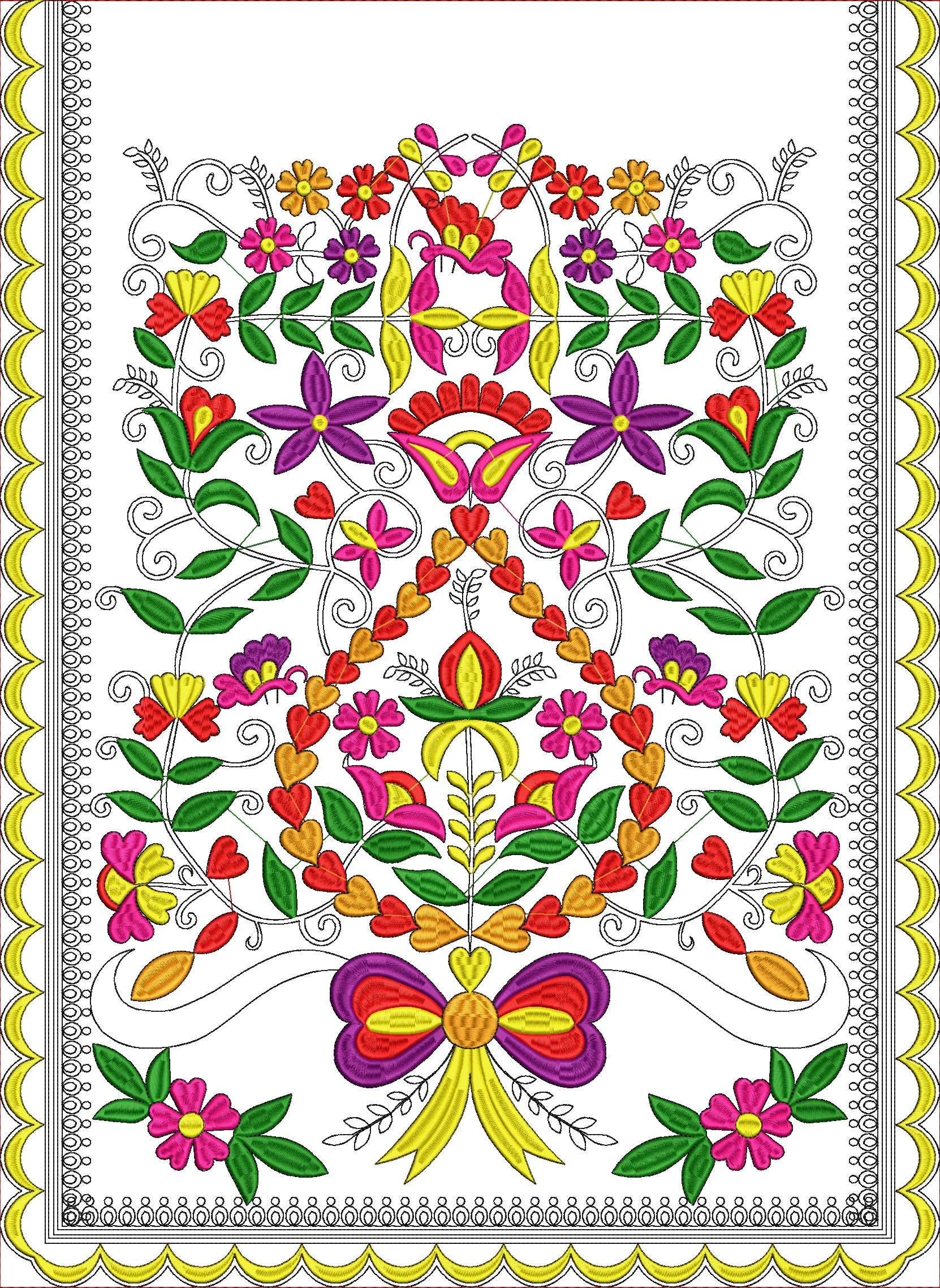 Embroidery design: A vibrant, symmetrical floral and botanical embroidery design featuring various flowers, leaves, and scrollwork, enclose