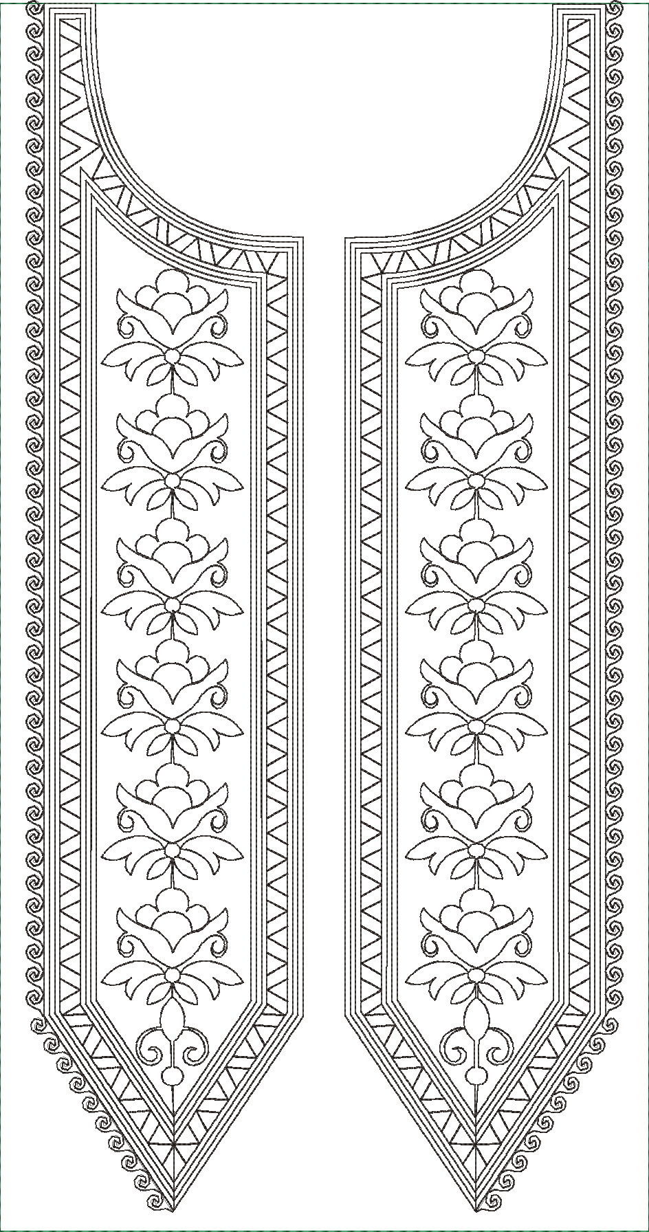 Embroidery design: A symmetrical embroidery design for a neckline, featuring repeating vertical floral motifs framed by geometric borders a