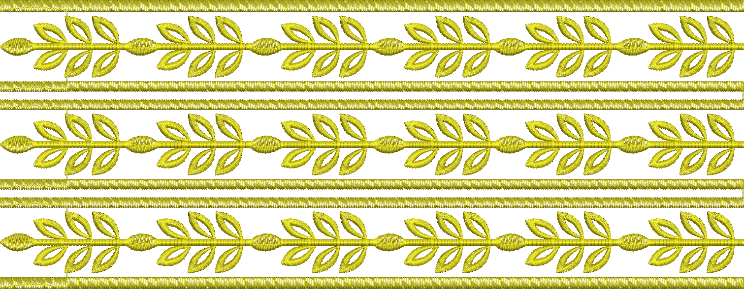 Embroidery design: A decorative gold embroidery border with a repeating vine and leaf pattern, bordered by solid gold stitching lines. The 
