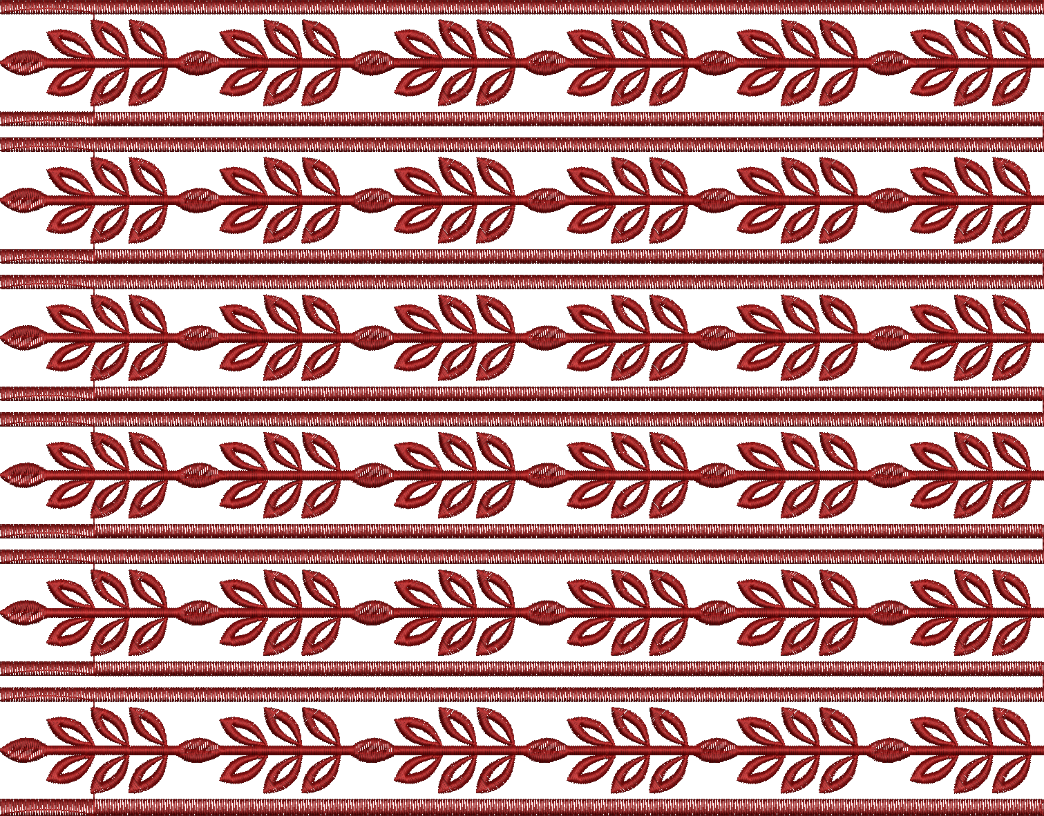 Embroidery design: A repeating decorative border design featuring a dark red vine with alternating leaves on a white background. The design