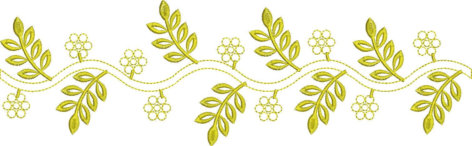 Embroidery design: A repeating horizontal floral border embroidery design in gold, featuring stylized leaves and circular flower motifs con