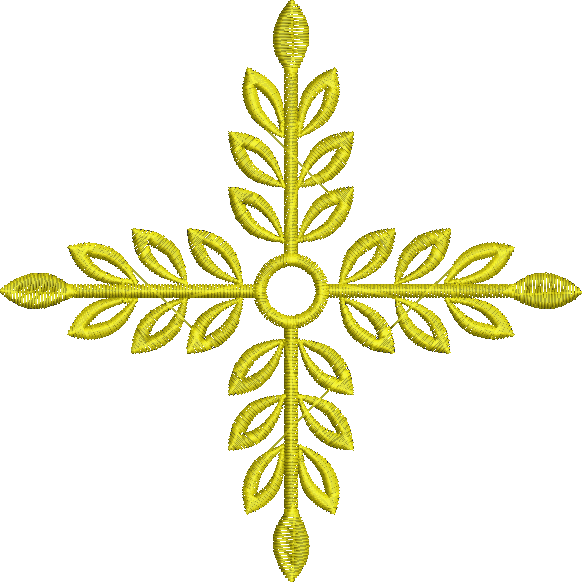Embroidery design: A symmetrical, yellow, ornamental embroidery design featuring a central circular motif with four outward-extending branc