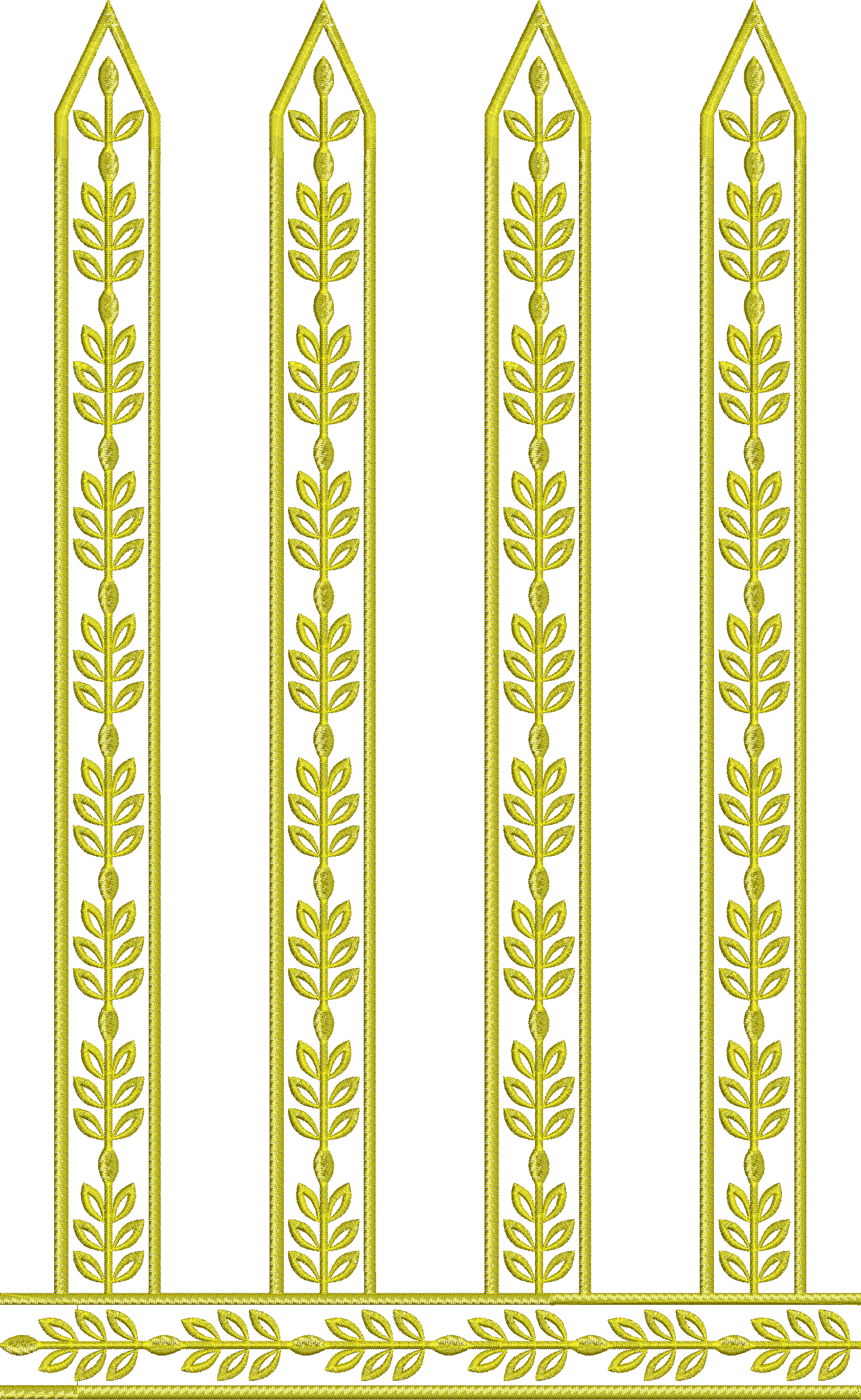 Embroidery design: A decorative embroidery design featuring repeating vertical panels and a horizontal border, all in a golden-yellow hue, 