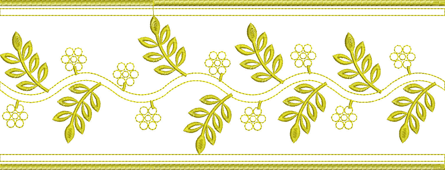 Embroidery design: A golden border embroidery design with a repeating pattern of vines, leaves, and small flowers connected by a wavy line,
