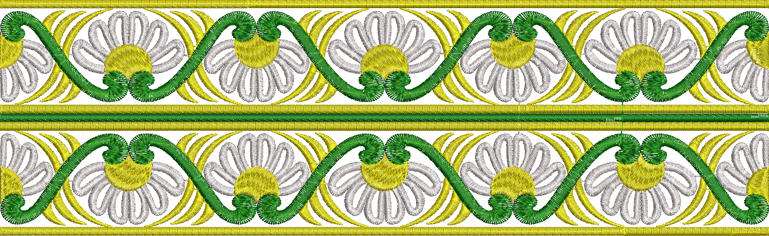 Embroidery design: A symmetrical, repeating floral border embroidery design with white flowers, yellow centers and accents, and green scrol