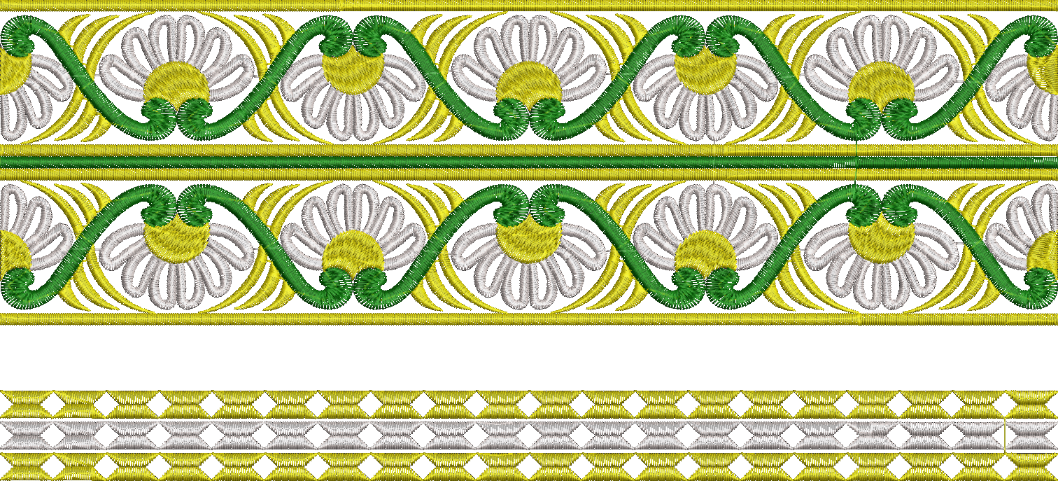 Embroidery design: A decorative horizontal embroidery border featuring repeating scrolling vines with white and yellow flowers, set between