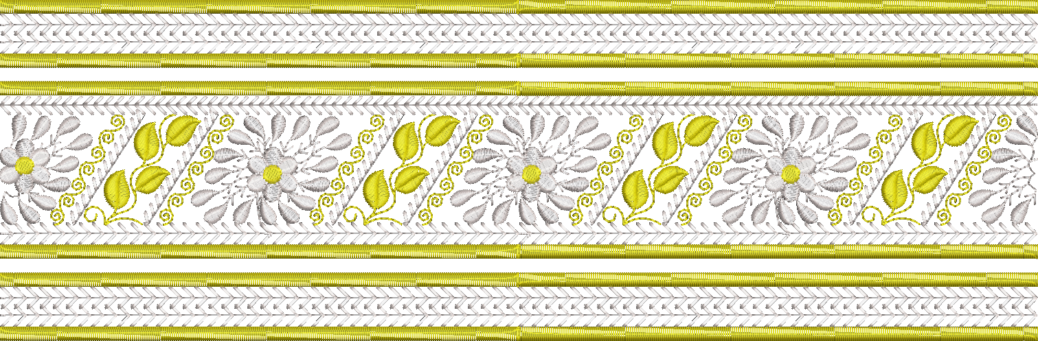 Embroidery design: A horizontal embroidery border design with repeating symmetrical floral and leaf motifs in white and yellow, featuring d