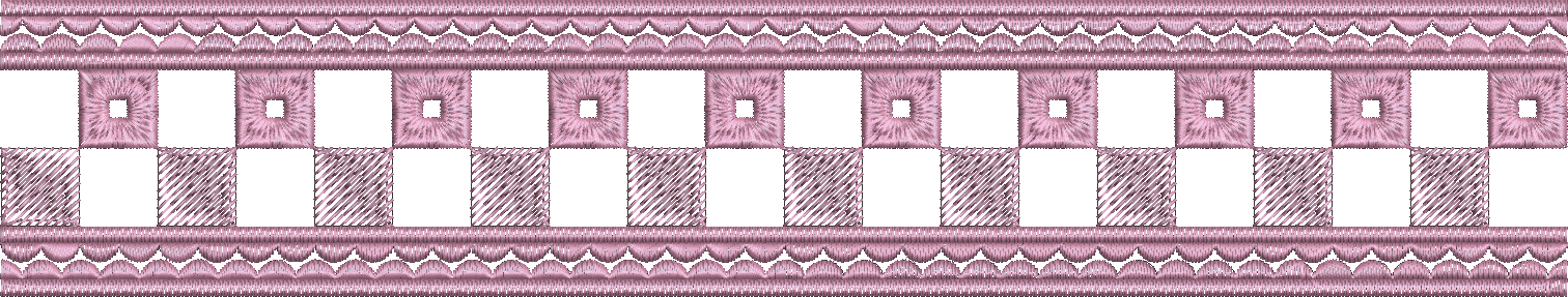 Embroidery design: A decorative pink and purple embroidery border with a repeating geometric lattice pattern.