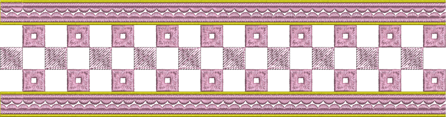 Embroidery design: A horizontal embroidery border design featuring a repeating pattern of alternating pink squares with dense and sparse st