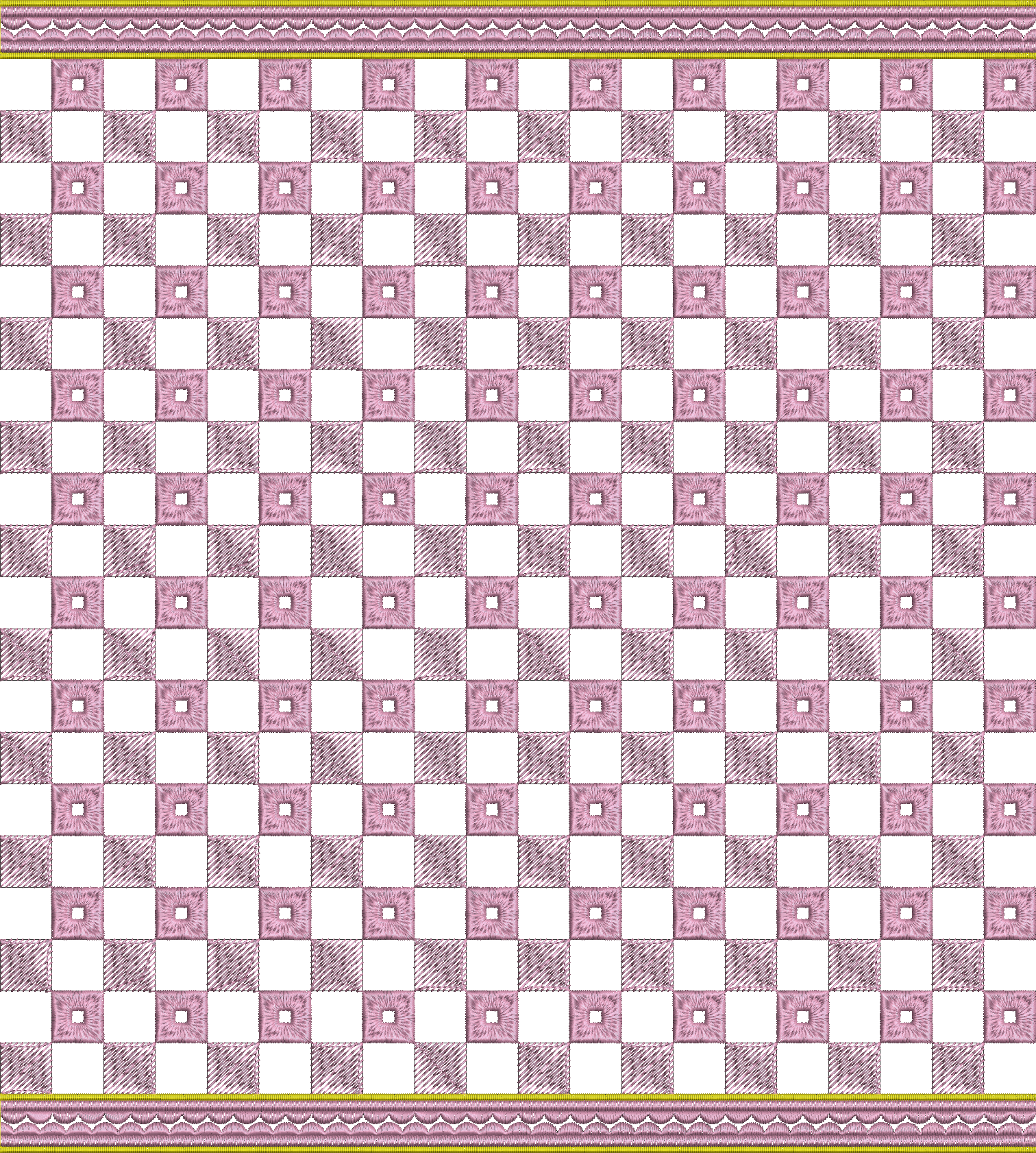Embroidery design: A repeating geometric embroidery design with pink and white squares, bordered by yellow and pink trim.